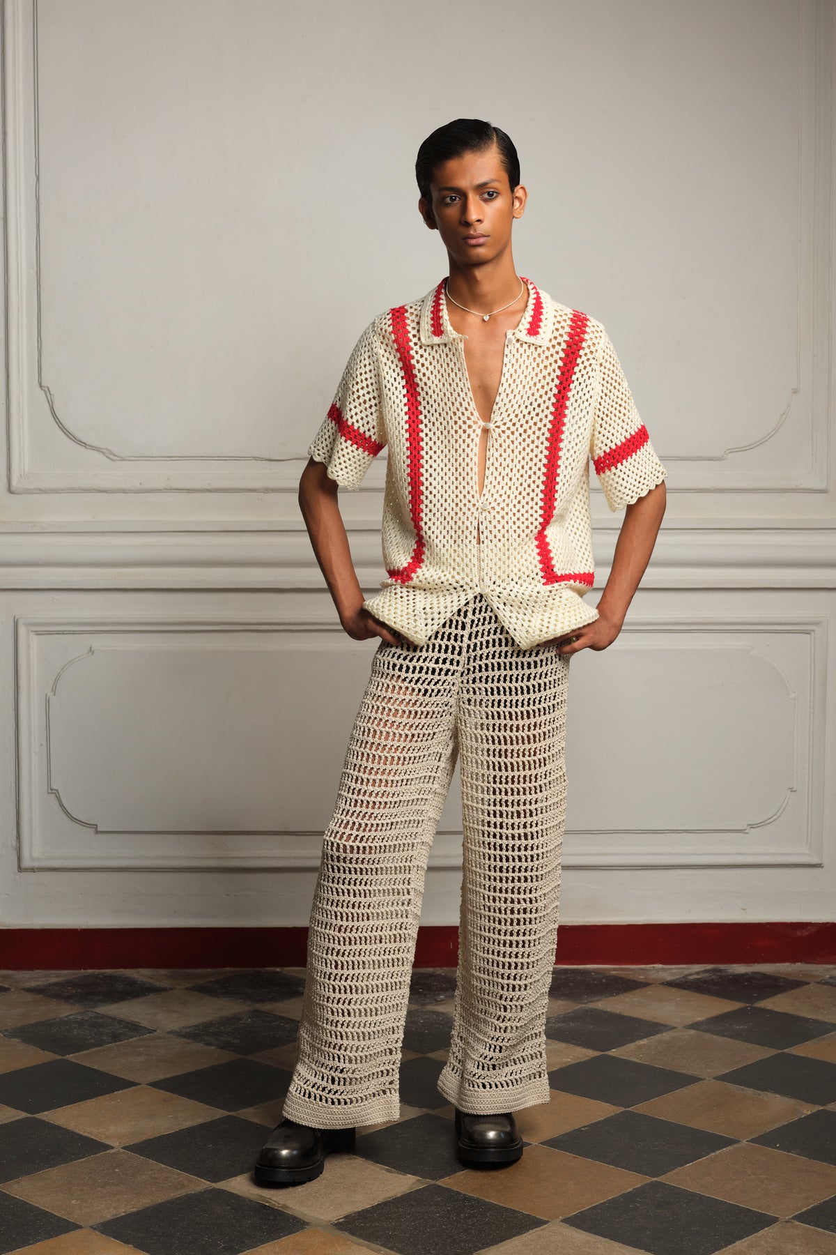 Shirt with crocheted trousers