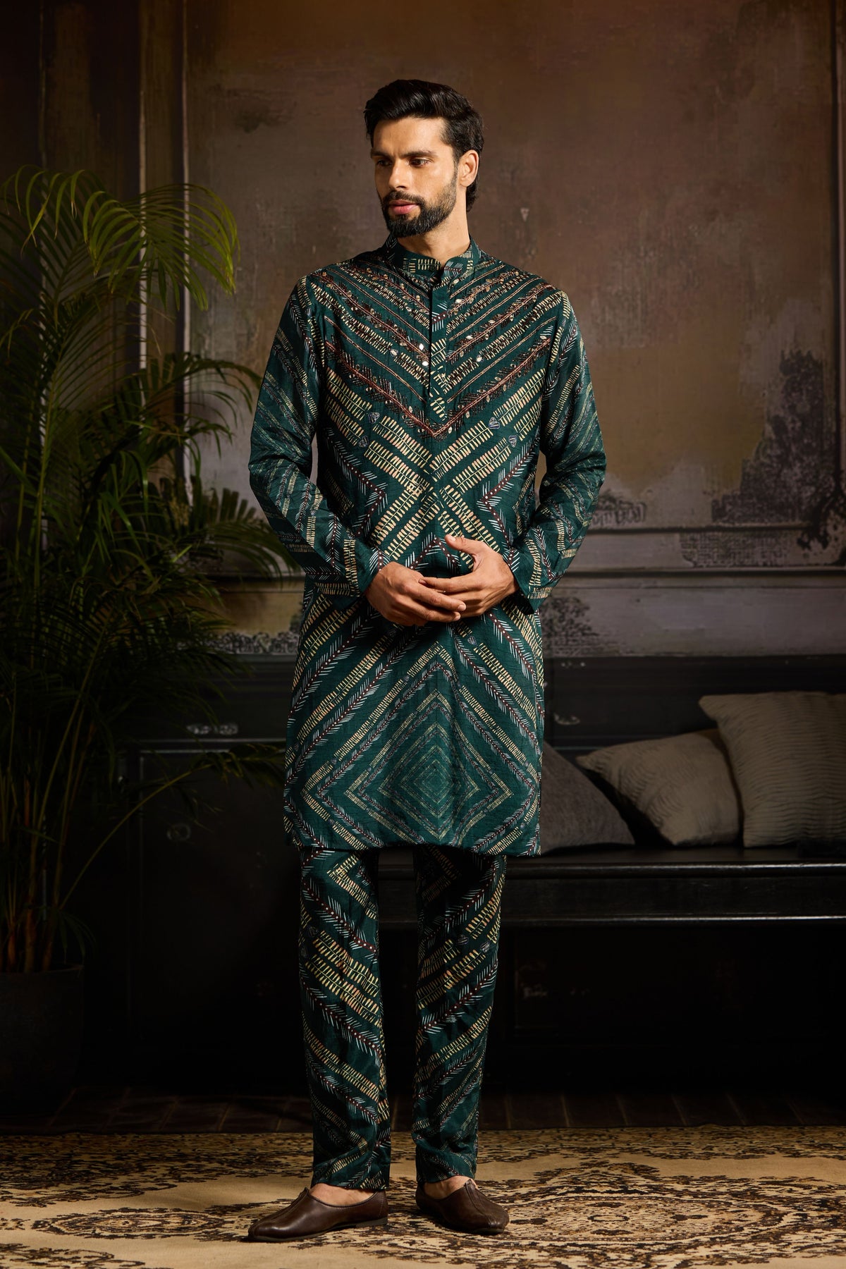 Dark Green Chevron kurta set