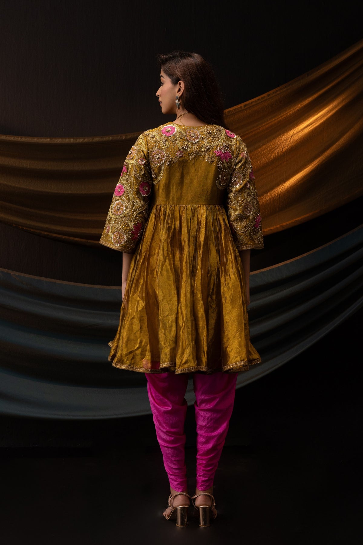 Gold Floral Motif Short Anarkali Set