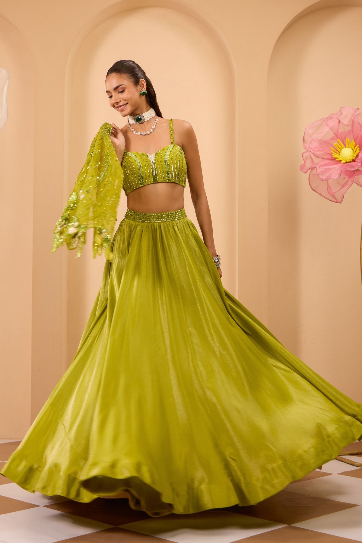 Green Hand Embroidered Lehenga Set