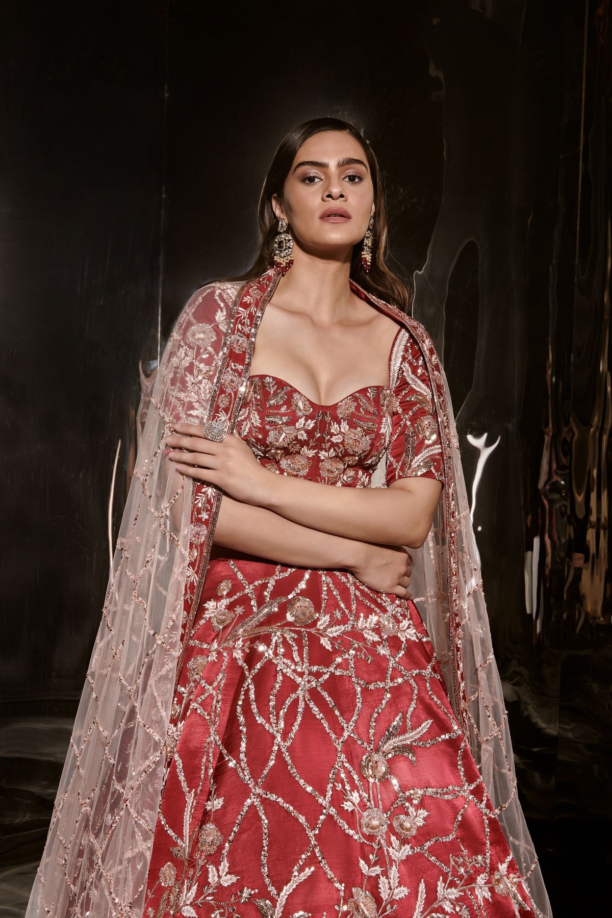 Red Embroidered Lehenga Set