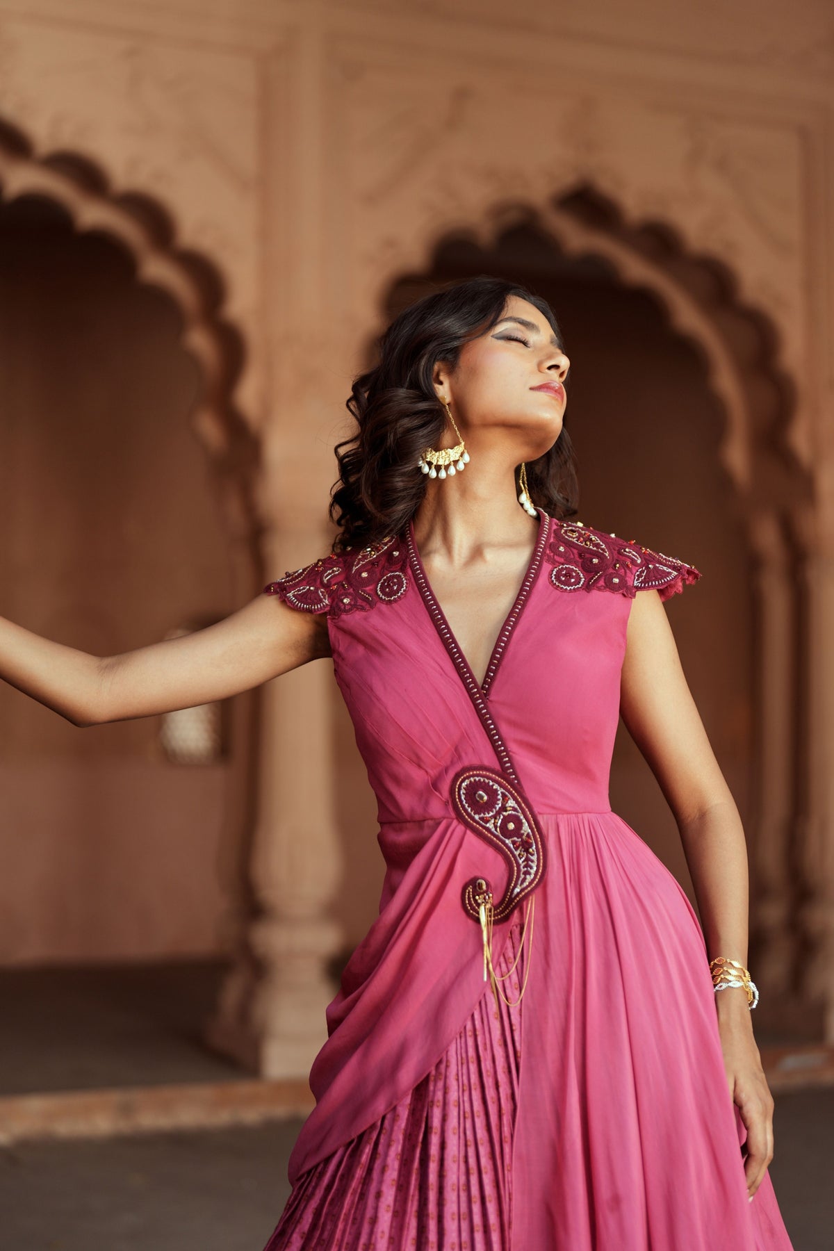 Mulberry Pink Printed Silk Lehenga Set