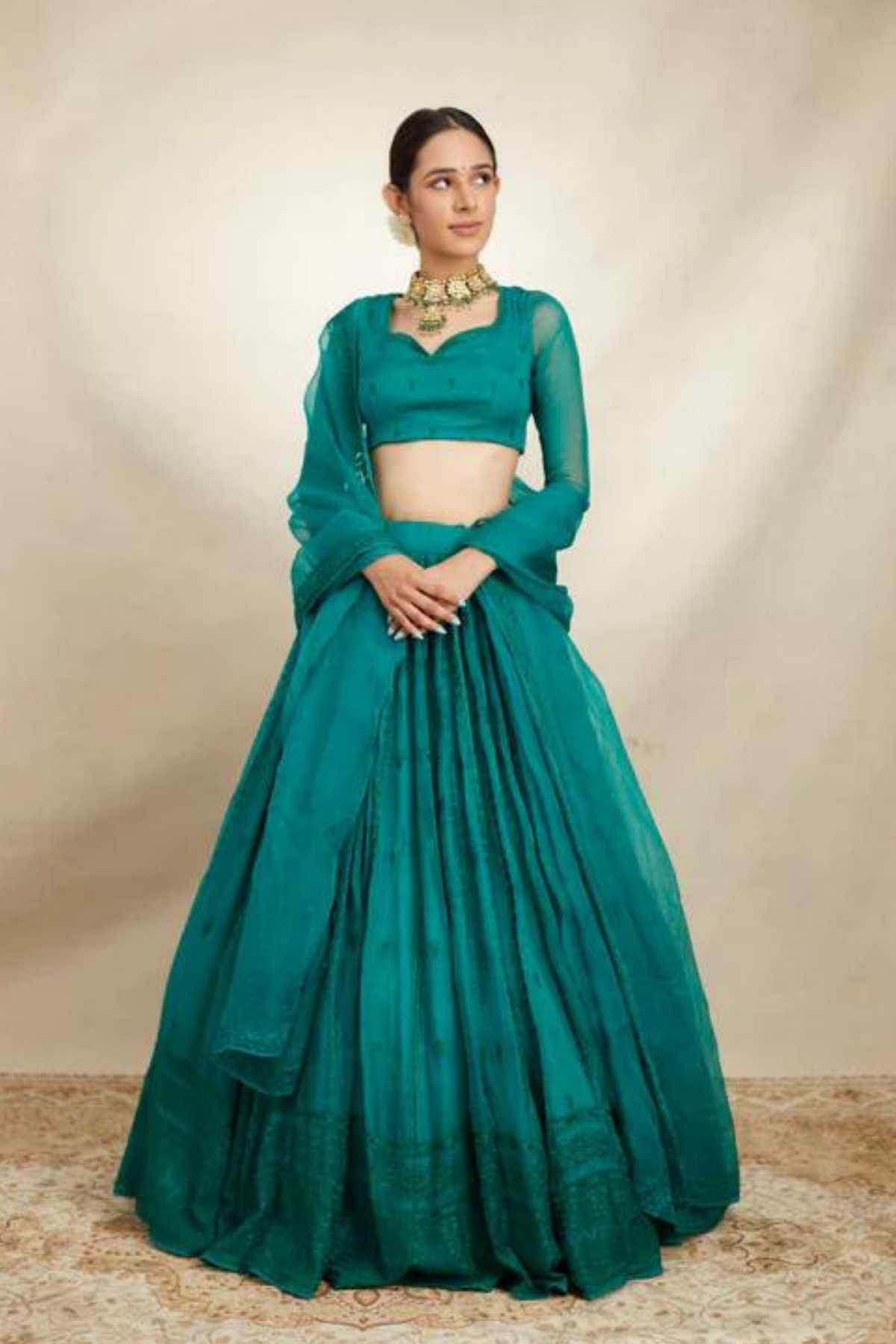 Teal Green Organza Lehenga Set