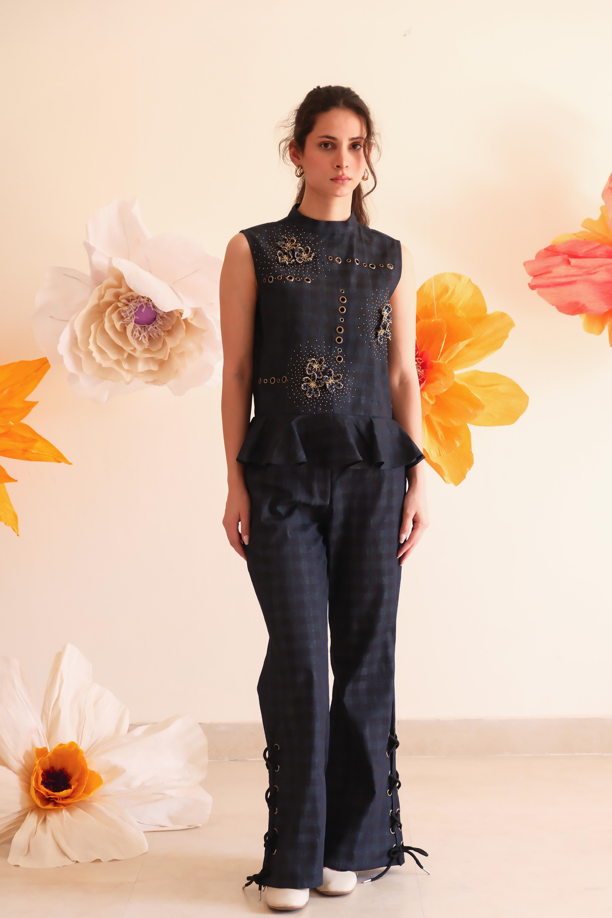 Midnight Blue Floral Checkered Top