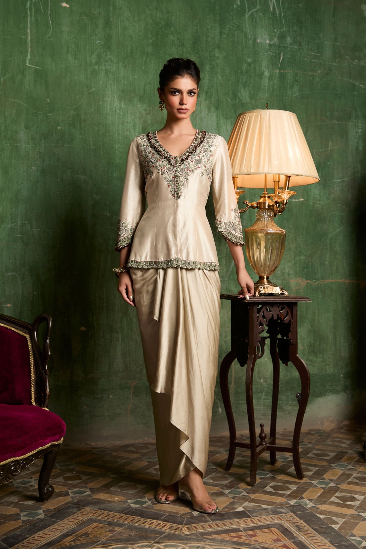 Beige Peplum Skirt Set