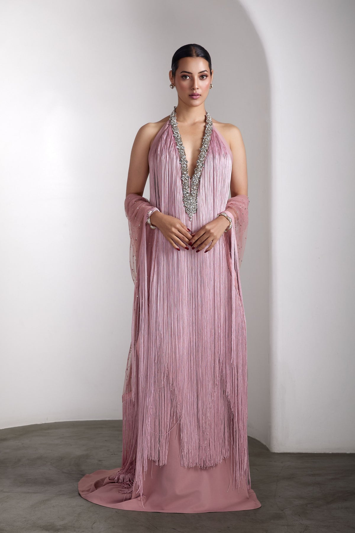 Pink Fringe Embellished Gown
