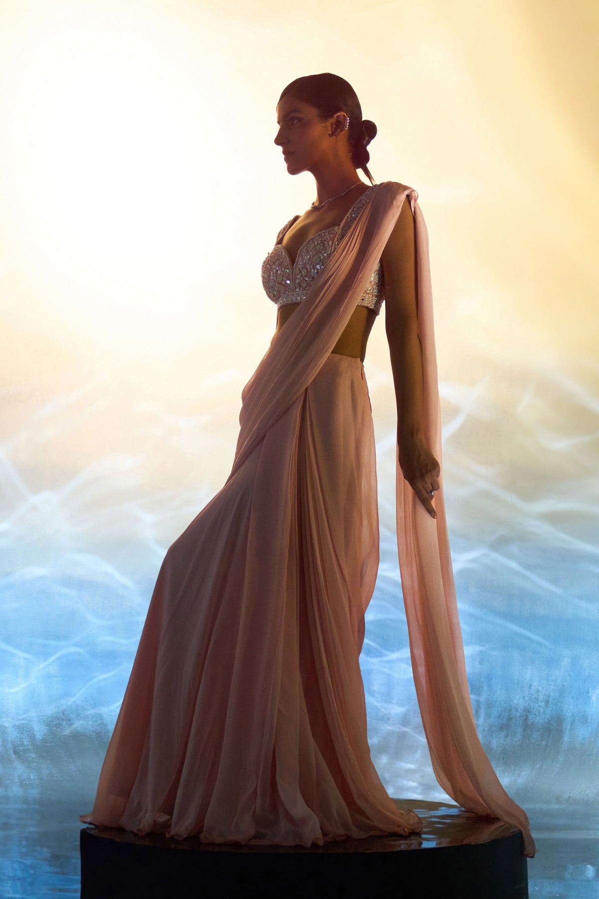 Dusty Peach Drape Saree Set