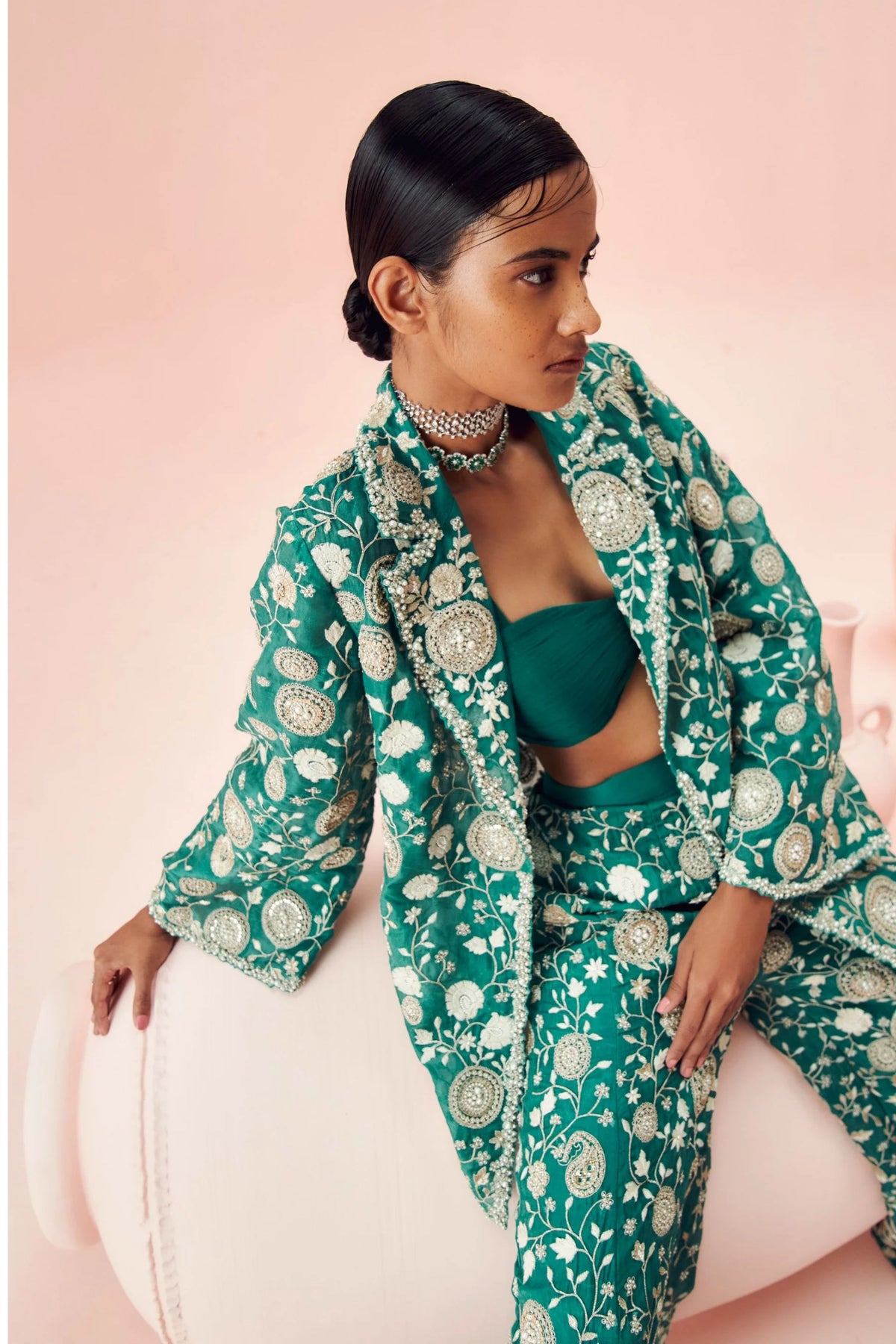 Teal Green Jacket And Pants Set