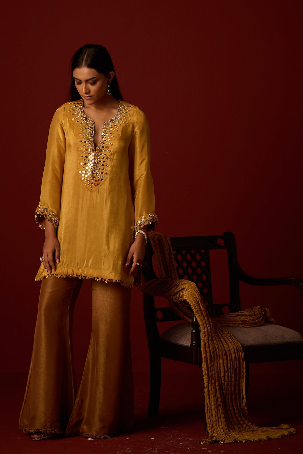 Golden Yellow Mirror Work Sharara Set