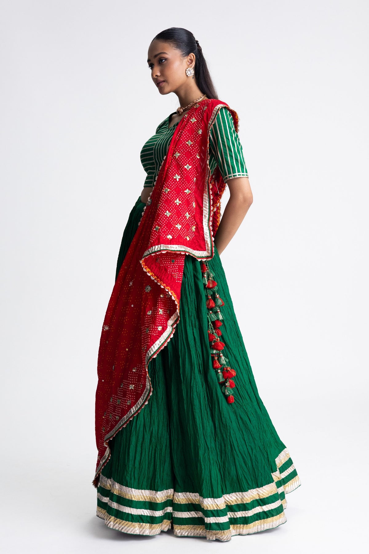 Green Crushed Silk Lehenga