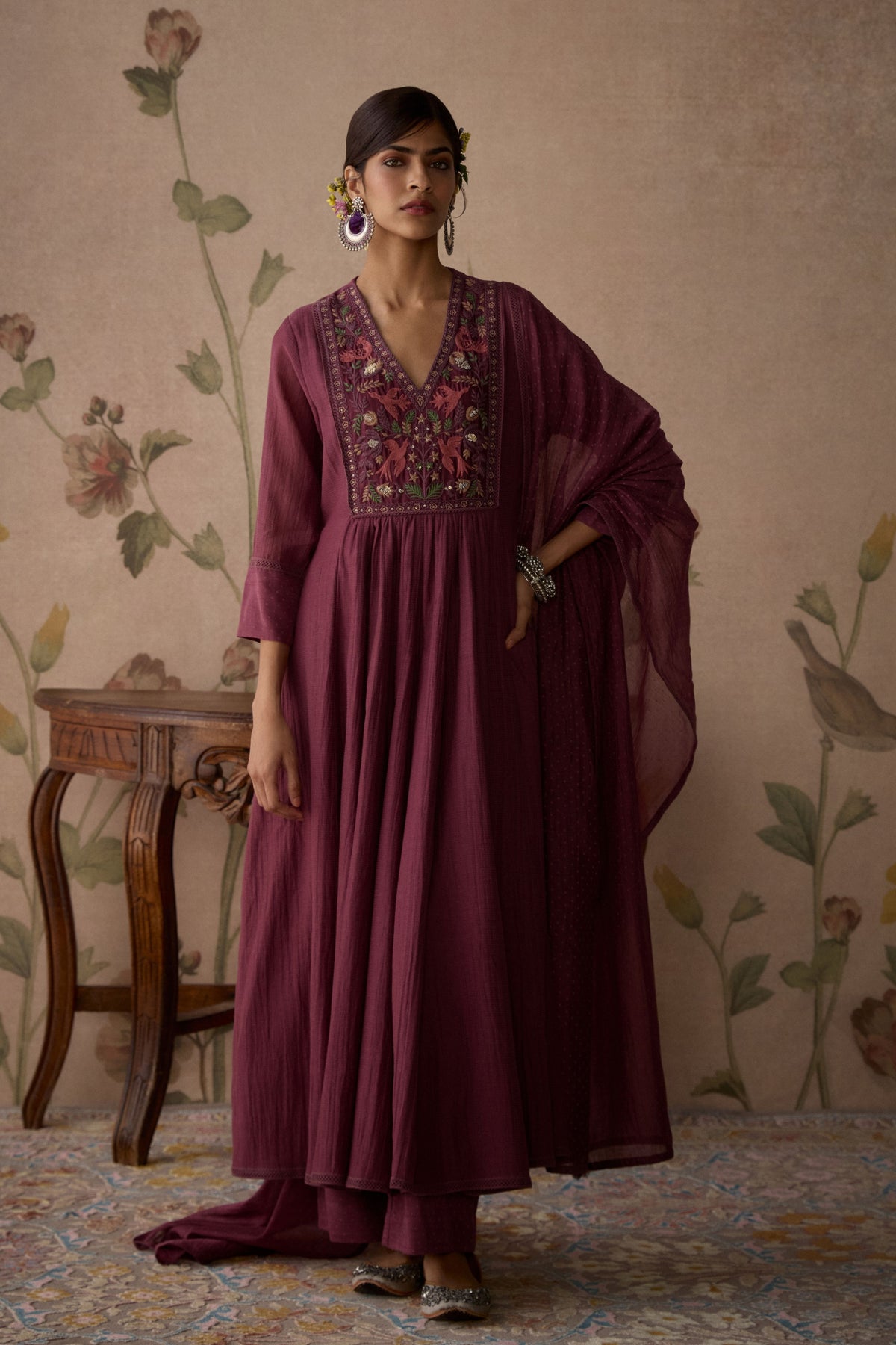 Wine Embroidered A-line Kurta Set