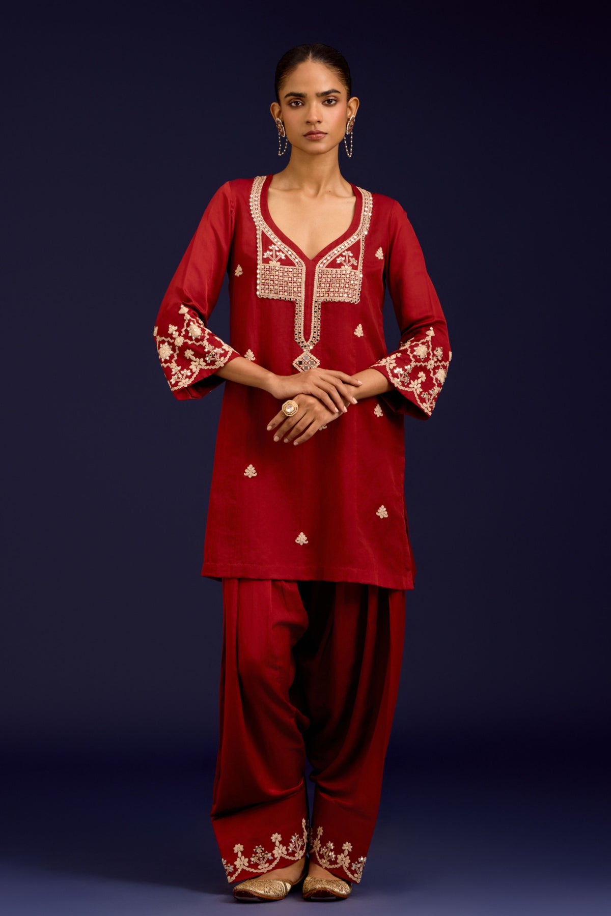 Rust Cotton Embroidered Kurta Set