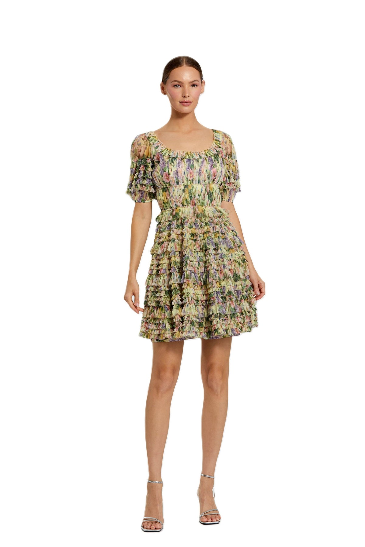 Multicolor Puff Sleeve Ruffle Mini Dress