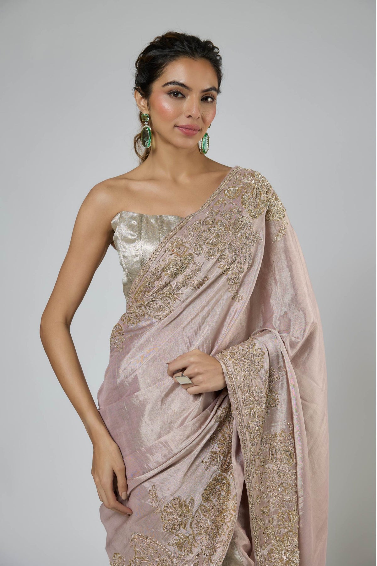 Pink Silver Draped Saree Set