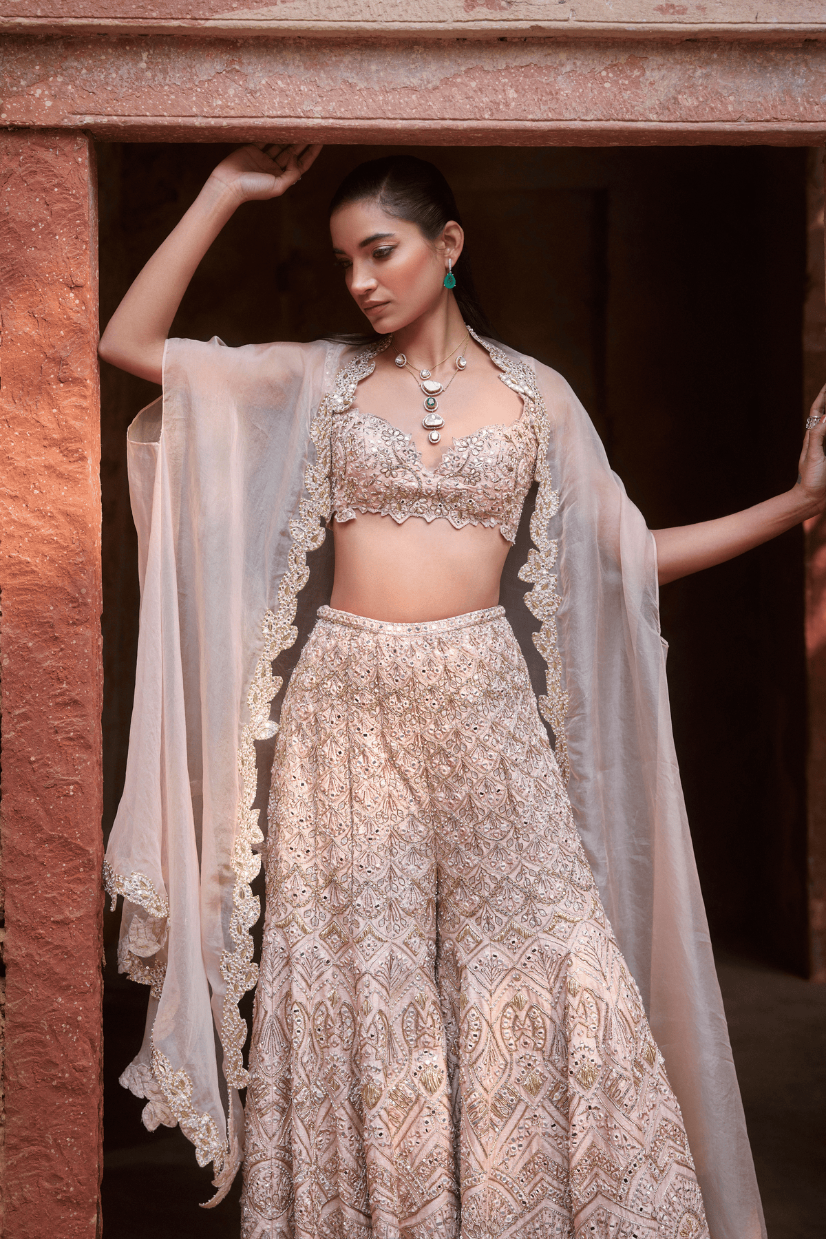 Nude Peach Rawsilk High Waist Sharara and Cape Set