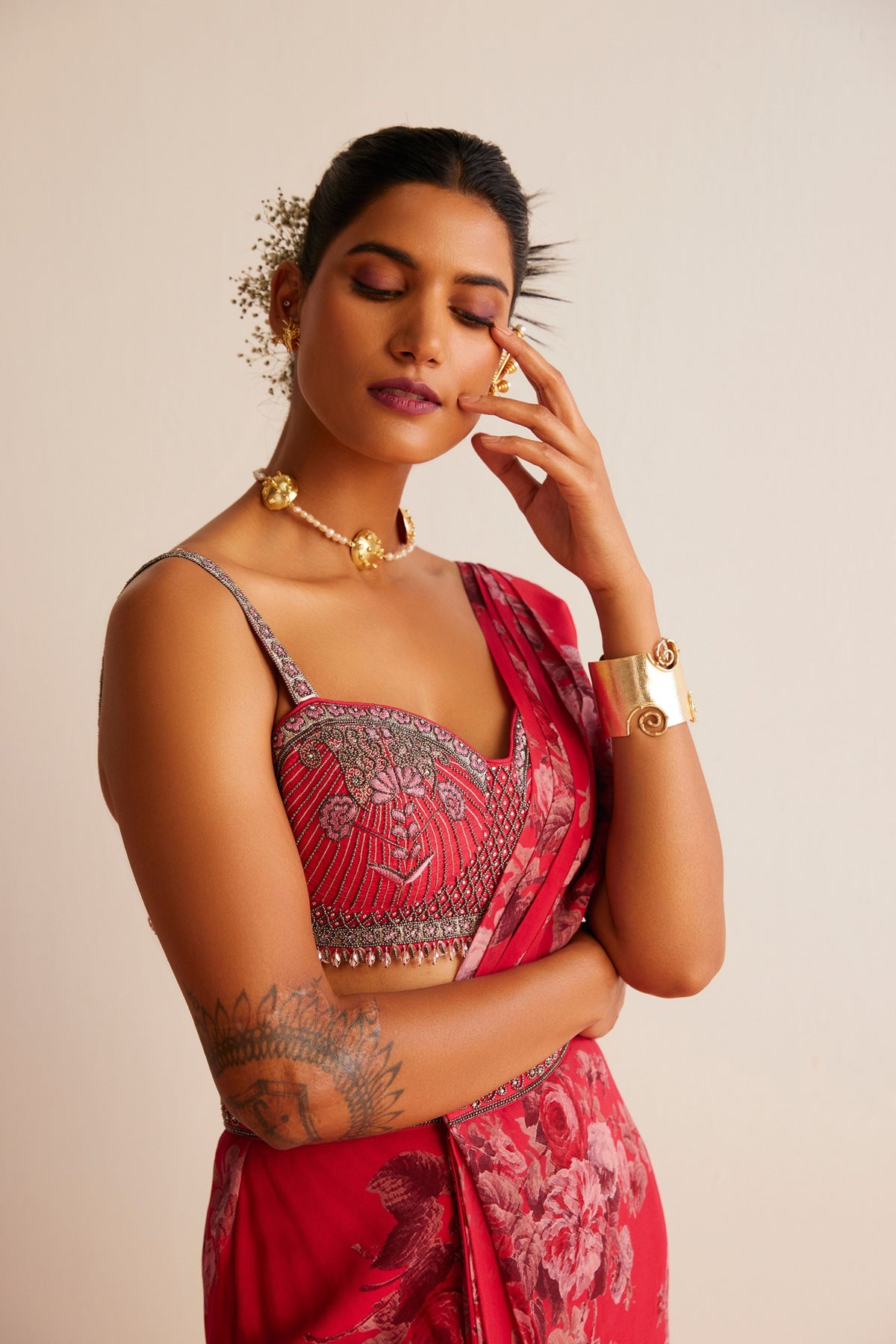 Red Rumi Pre-draped Saree