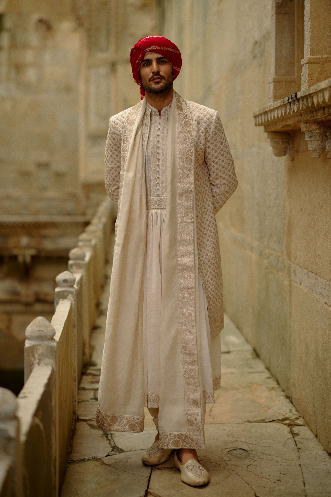 Cream Sherwani Jacket Set - Nitika Gujral Menswear - Elahe