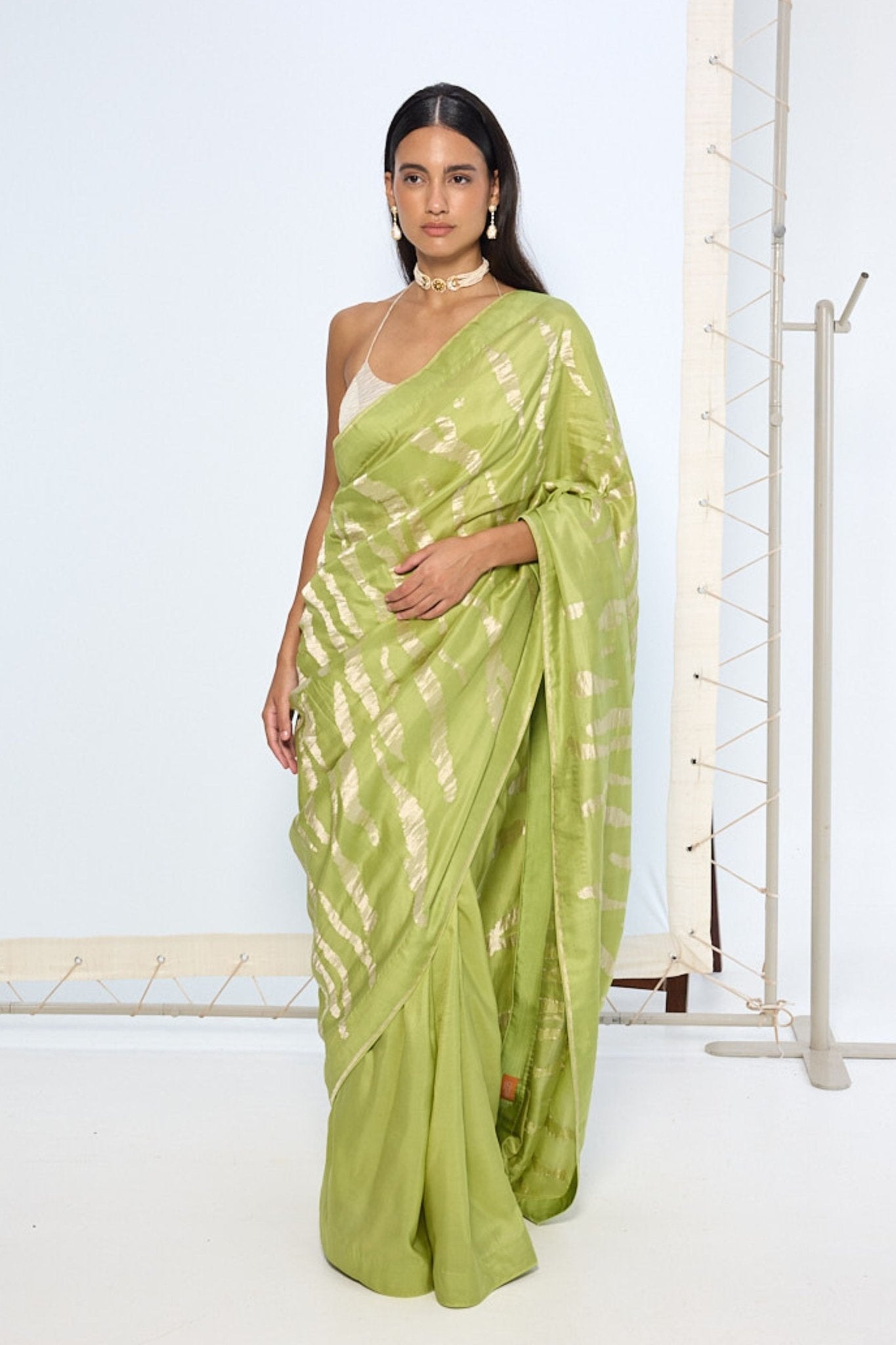 Handwoven Sage Green Silk Saree - Ekaya - Elahe