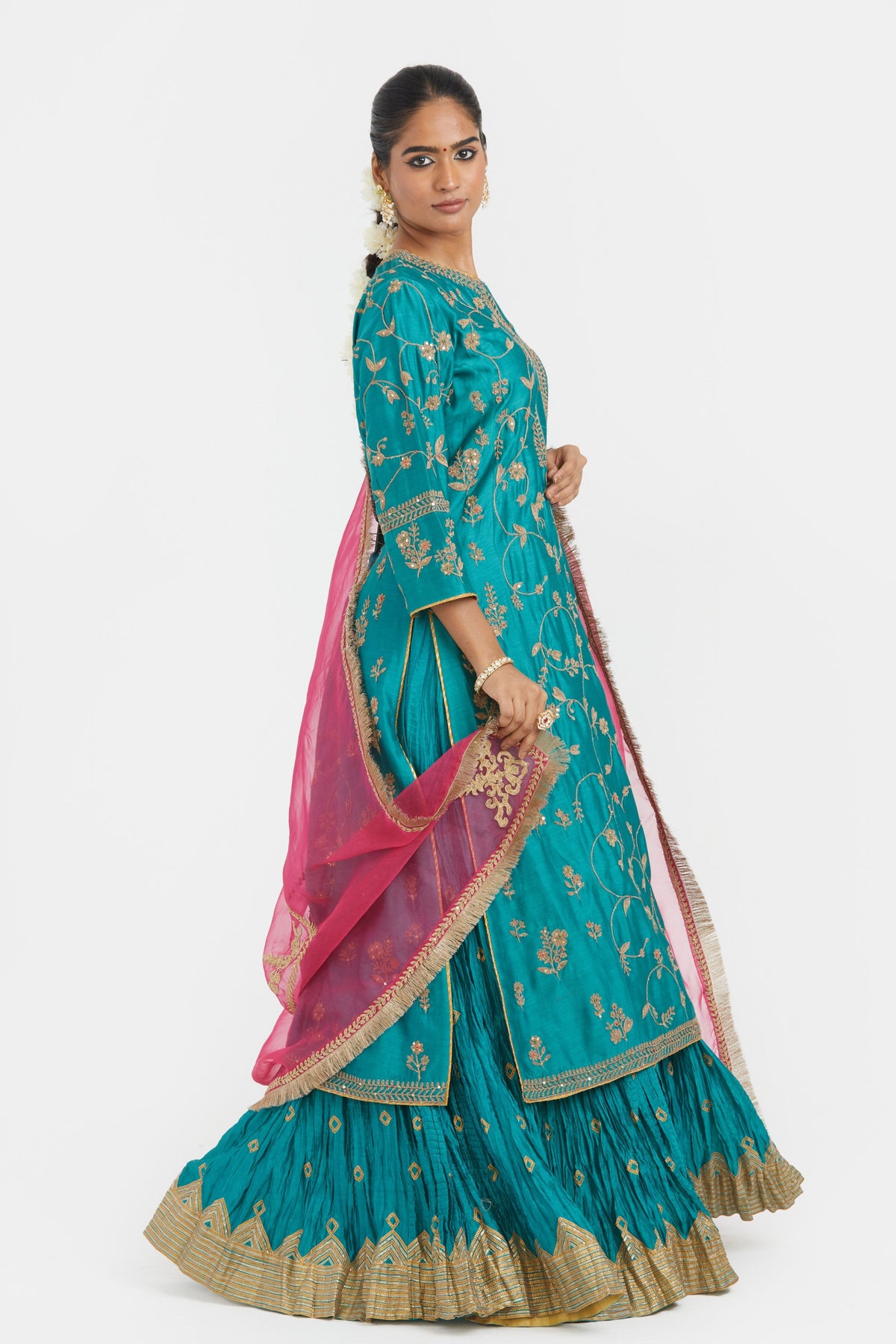 Teal Silk Chanderi Lehenga Set