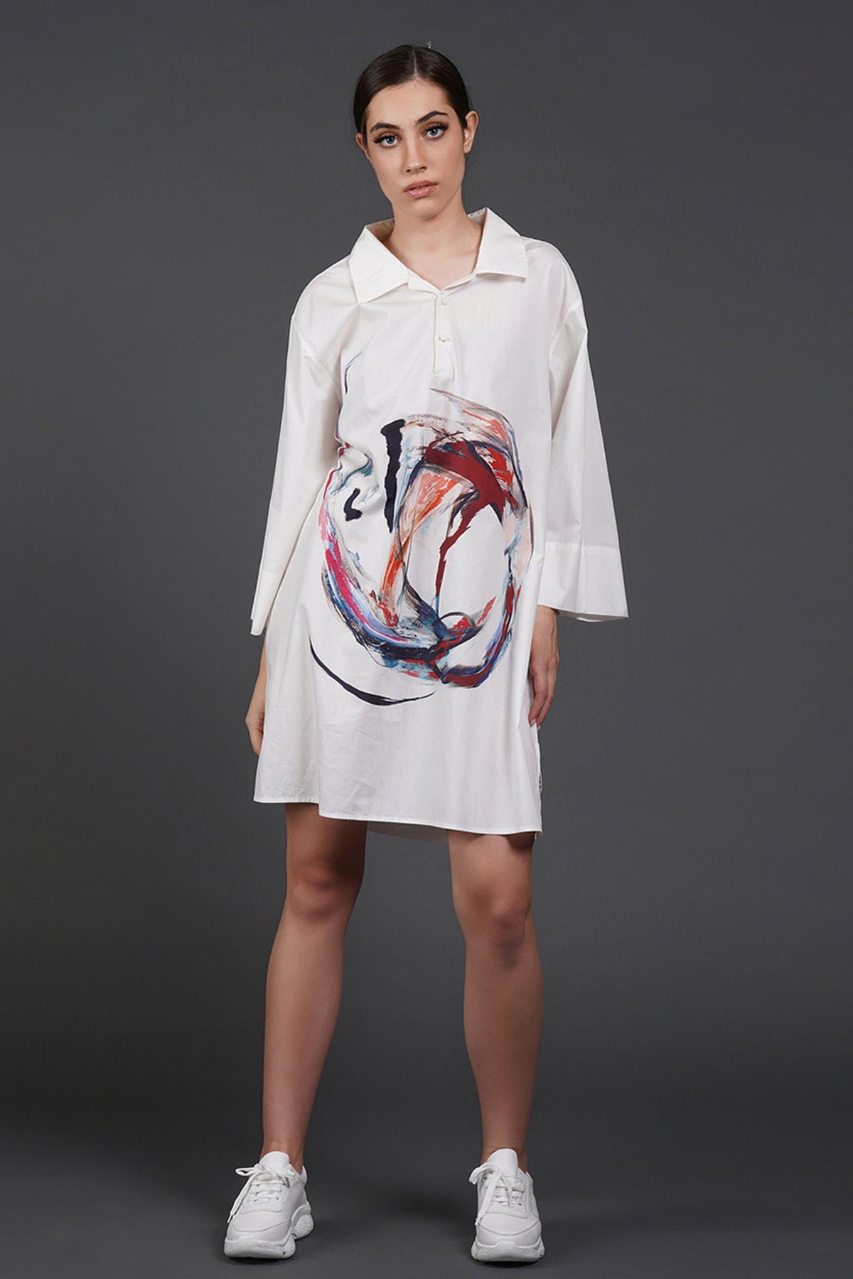 White Collar Digtal Print Dress