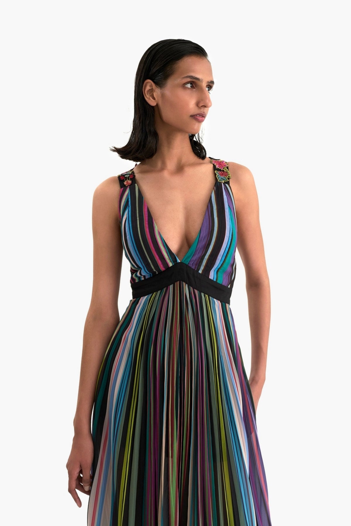 Striped Radial Pleated Maxi Dress