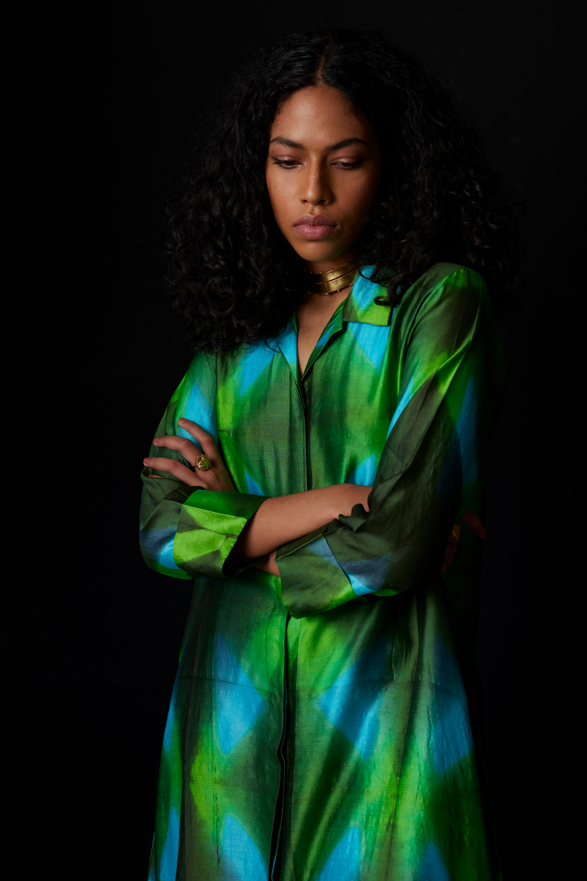 Green Tie-Dye Silk Shirt Set