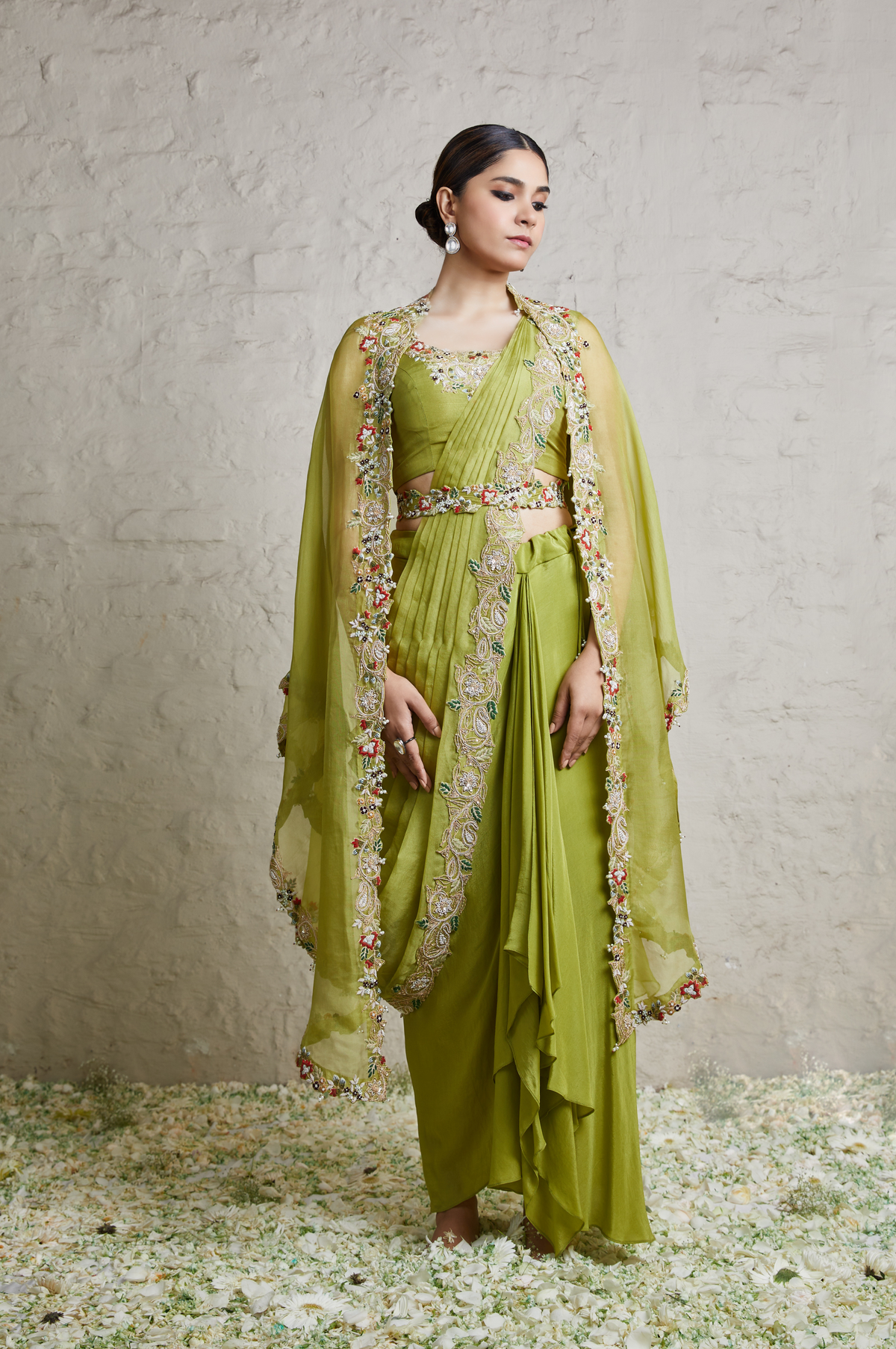 Silk Blouse With Organza Cape And Crepe Dhoti