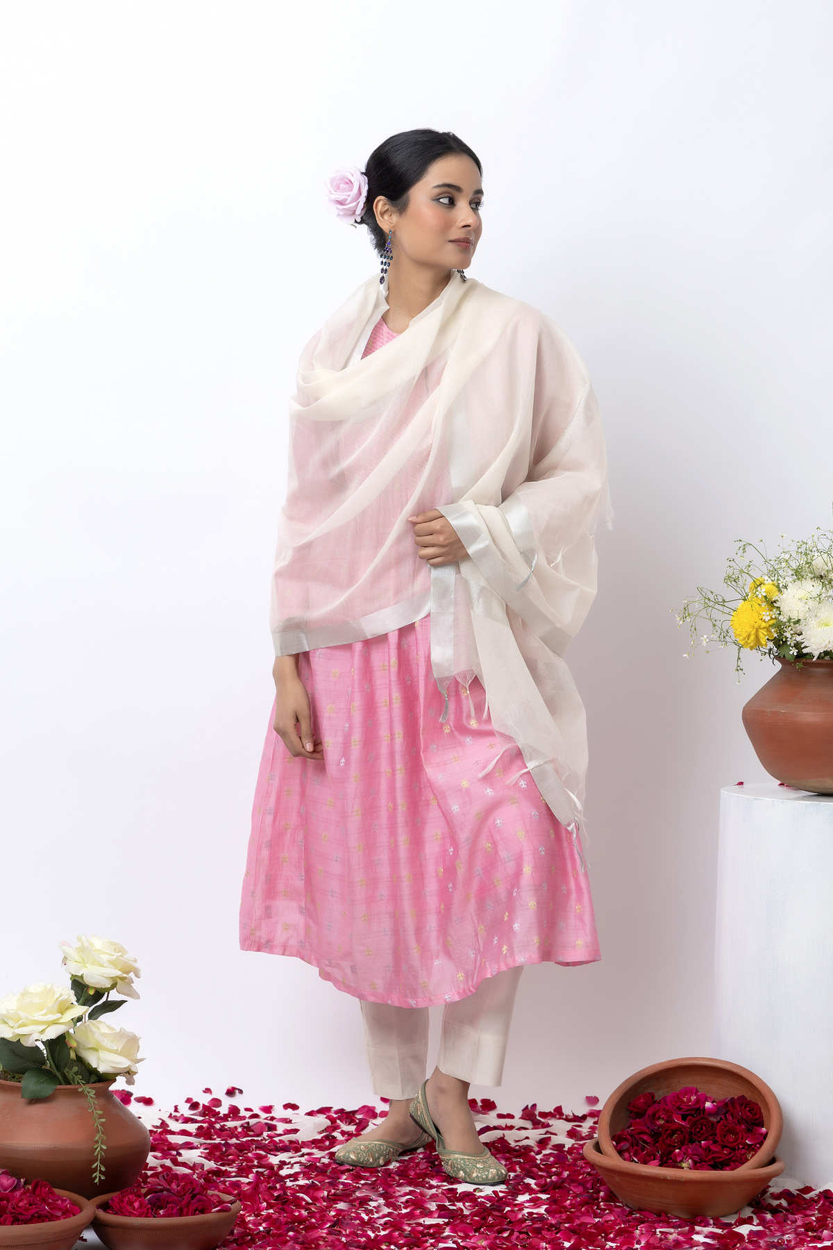 Chanderi Jacquard Pink Kurta Set