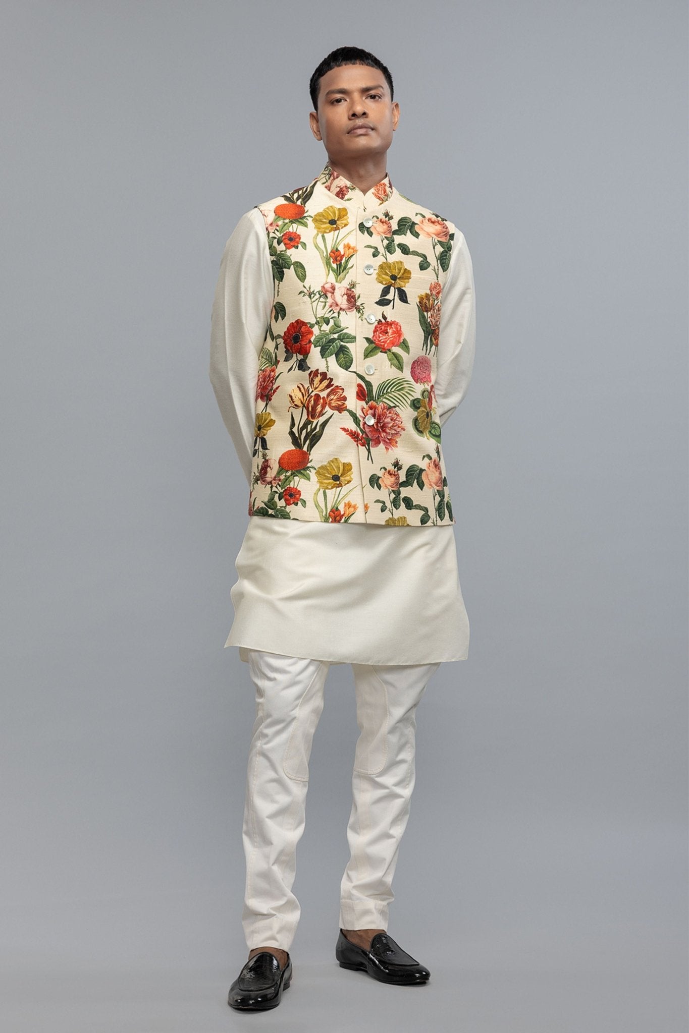 Ivory Floral Printed Bundi - Rohit Bal Menswear - Elahe
