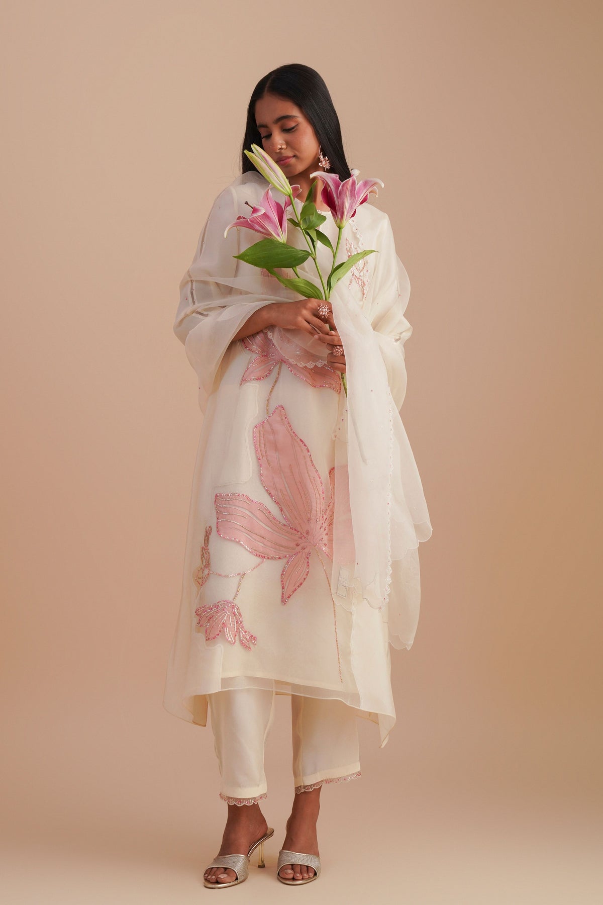 Ecru Silk Organza Dupatta