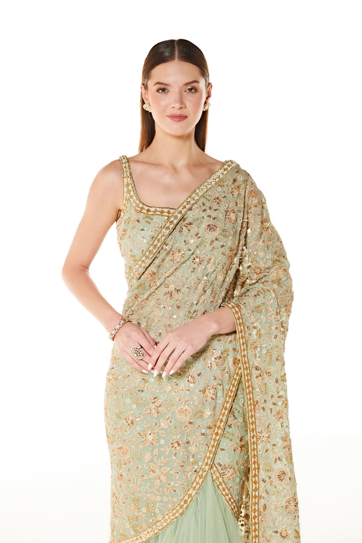 Sage Sairaa Embroidered Saree Set
