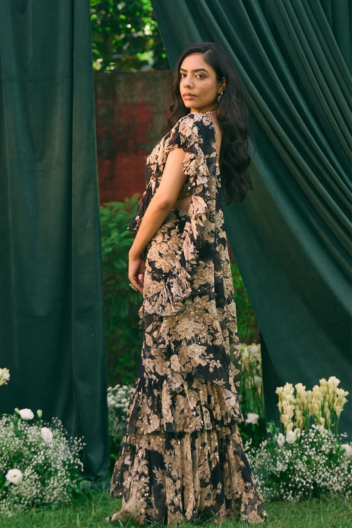 Black Chiffon Floral Frill Saree