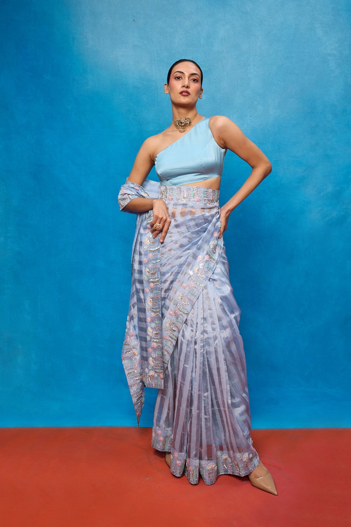 Handwoven Ice Blue Tissue Embroidered Saree