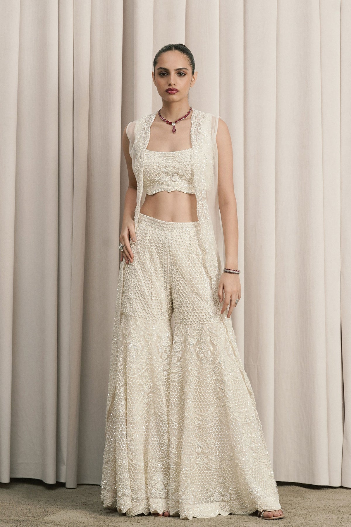 Ivory Embroidered Jacket Sharara Set
