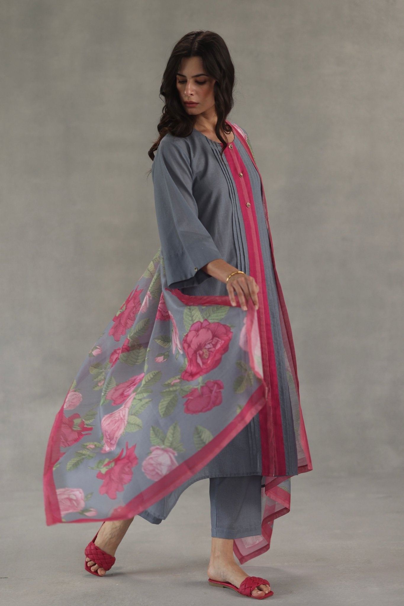 Grey Tuberose Kurta Set - Roza Pret - Elahe