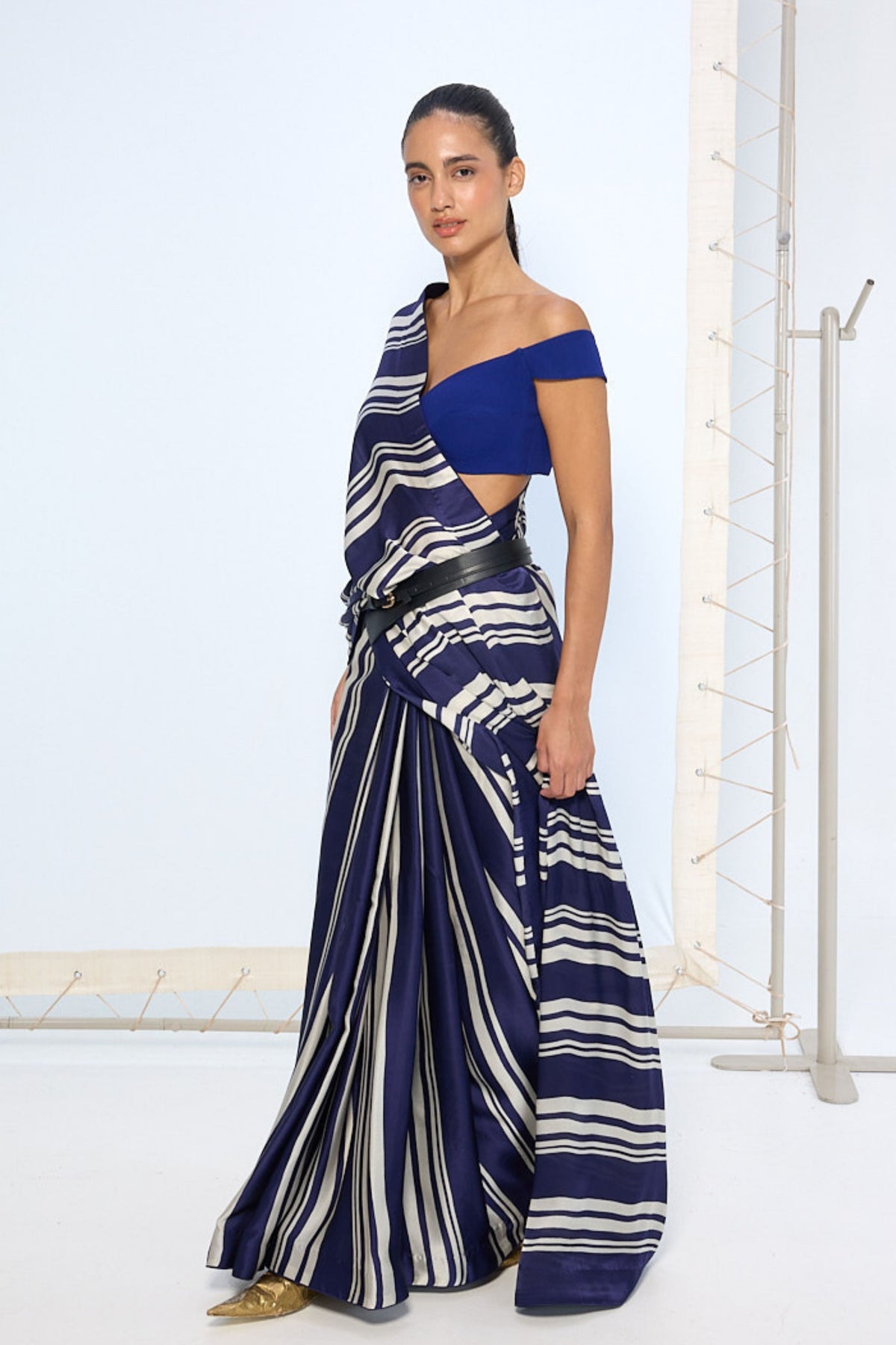 Navy Striped Printed Saree