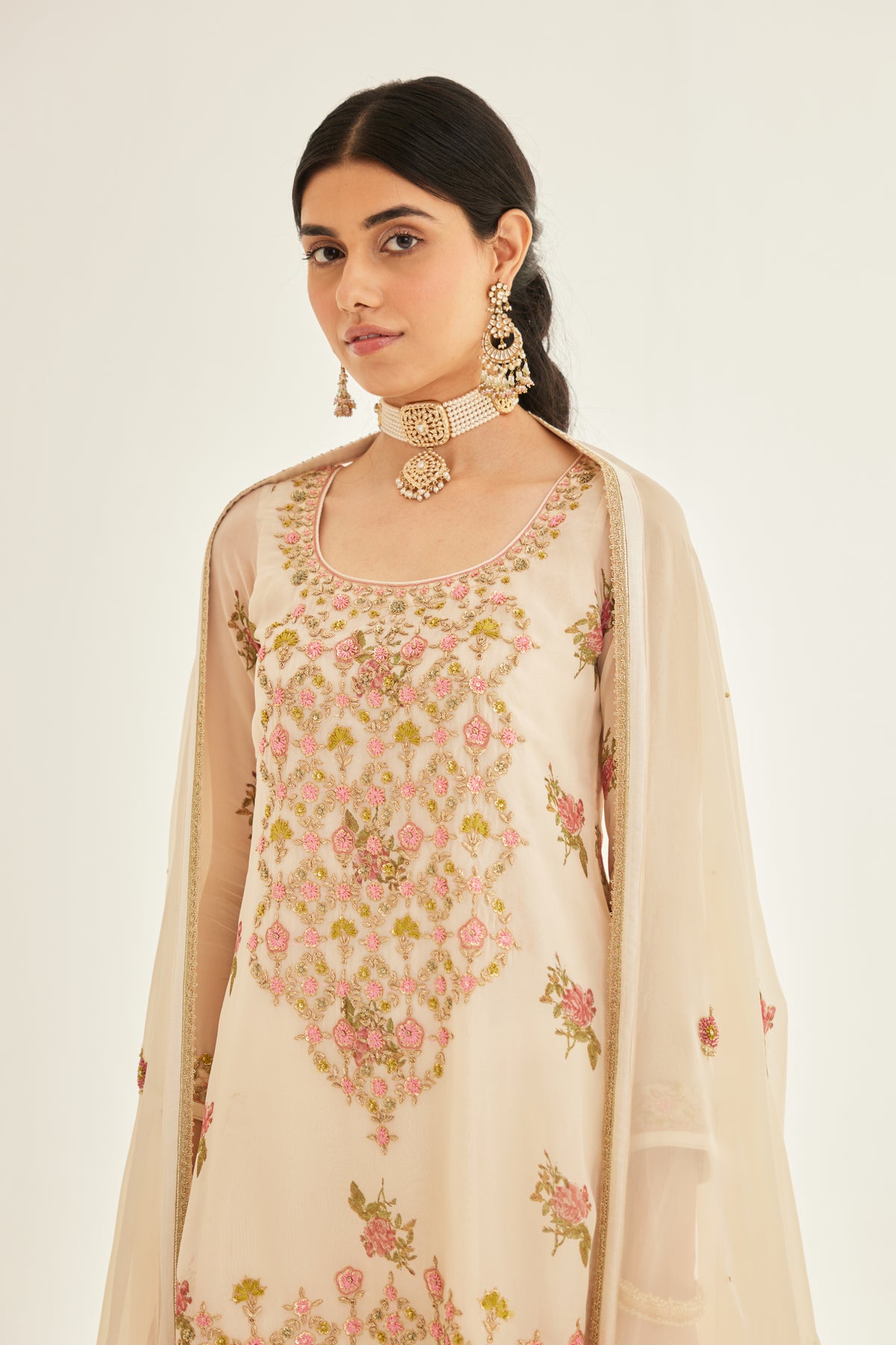 White Block Printed Sharara Set
