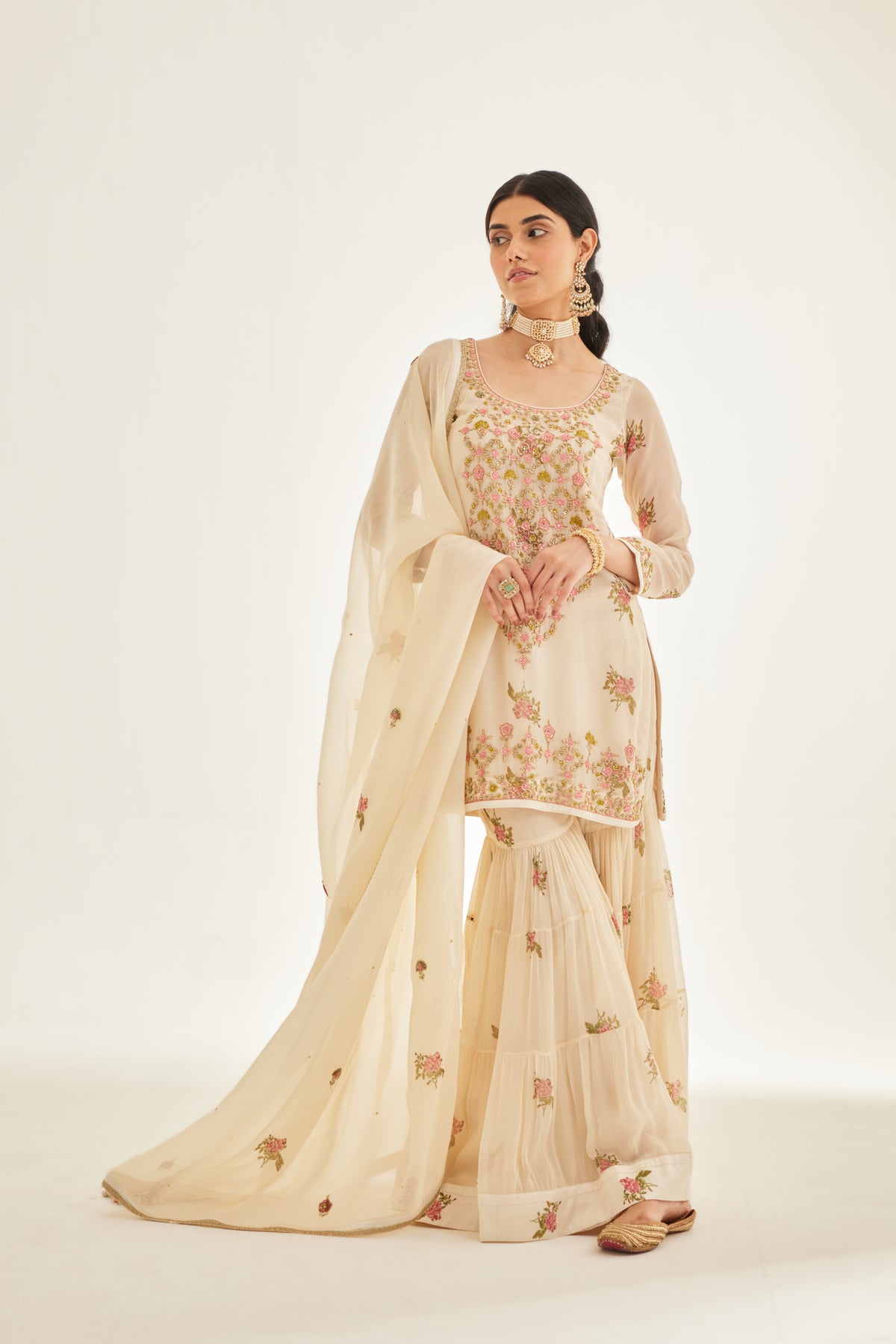 White Block Printed Sharara Set
