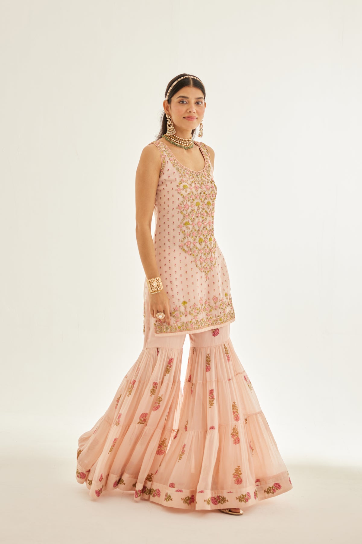 Block Printed Embroidered Sharara Set