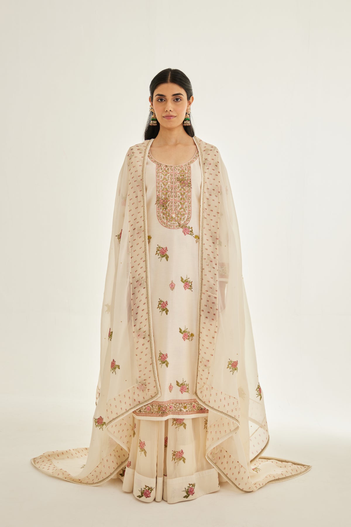 Block Printed Embroidered Kurta Skirt Set