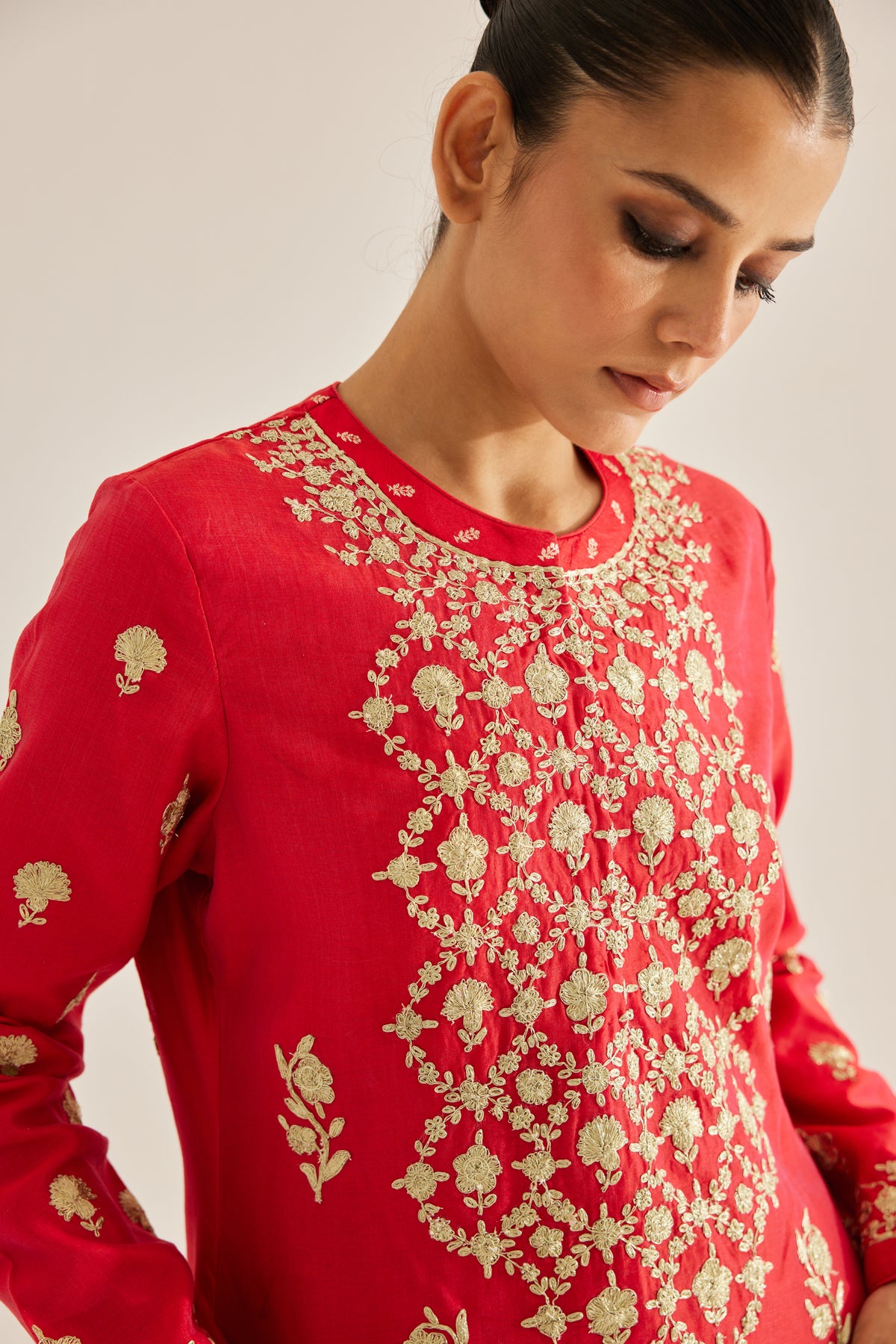 Red Silk Chanderi Kurta Set