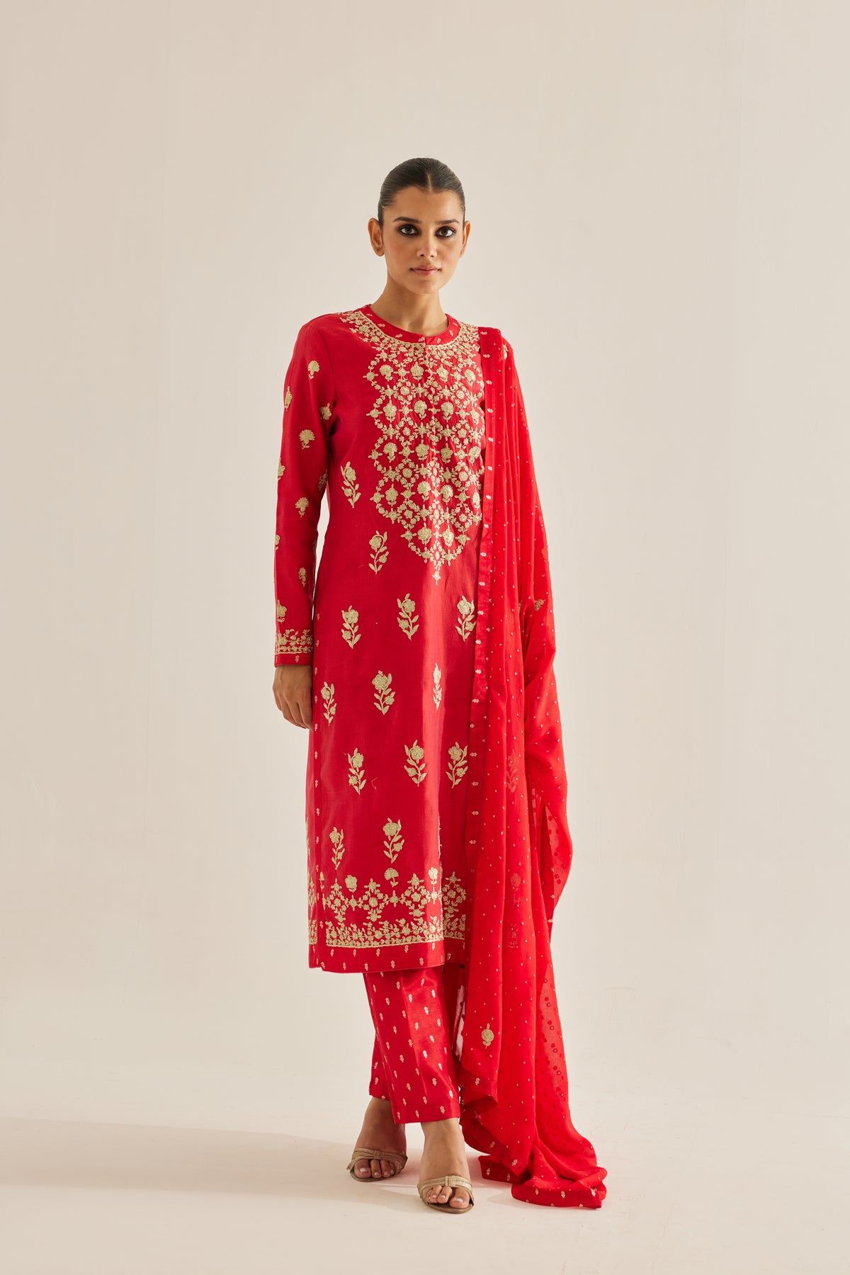 Red Silk Chanderi Kurta Set