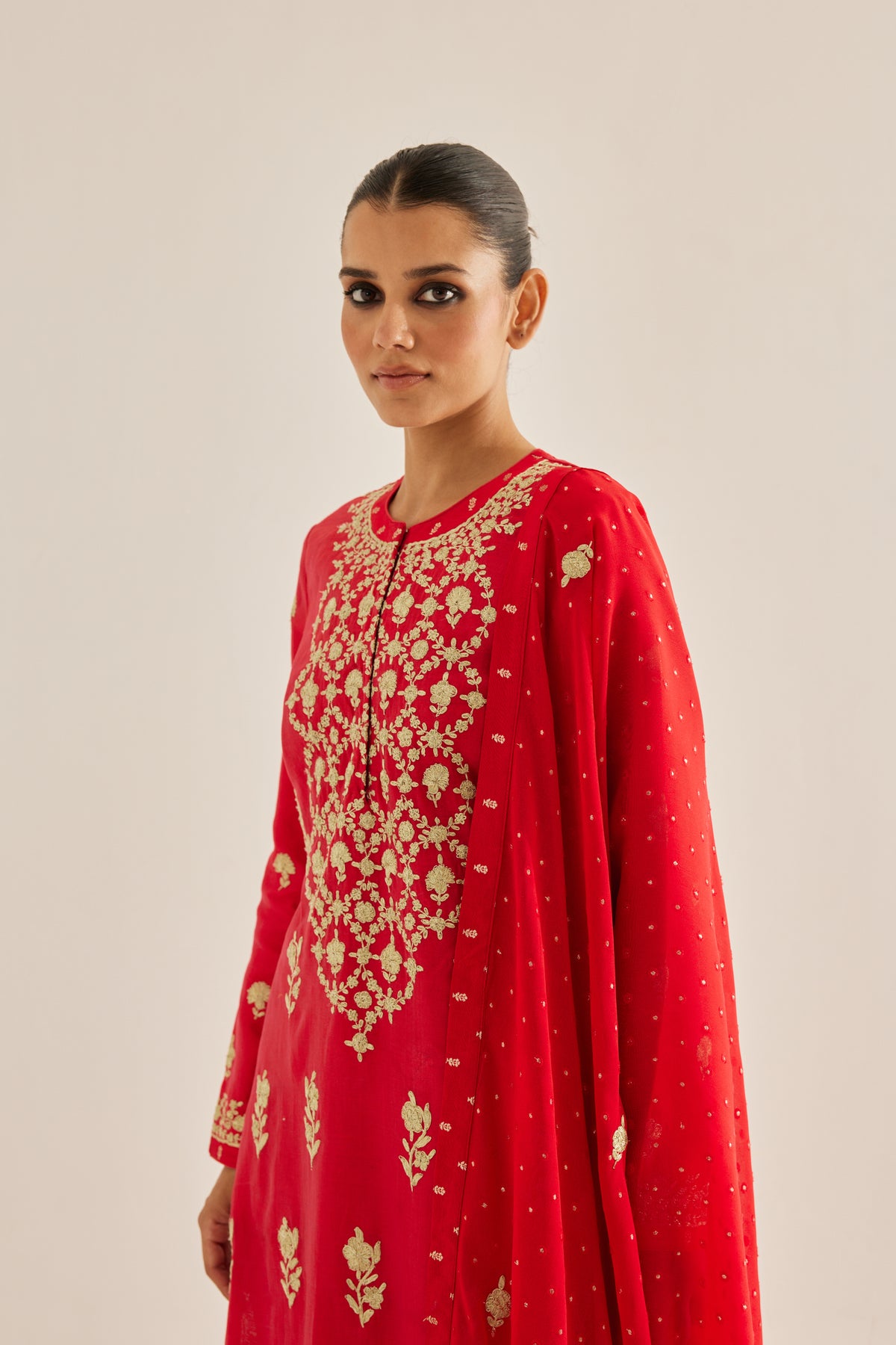 Red Silk Chanderi Kurta Set