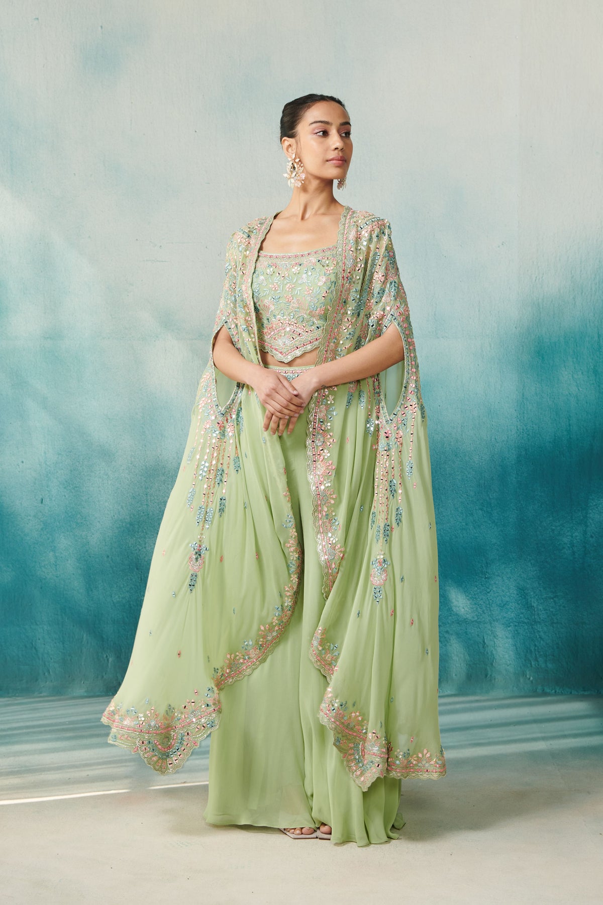 Green Sharara and Cape Set