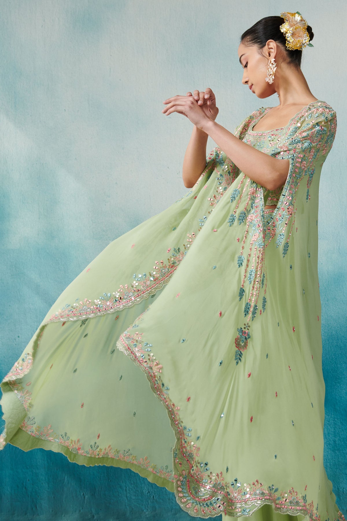 Green Sharara and Cape Set