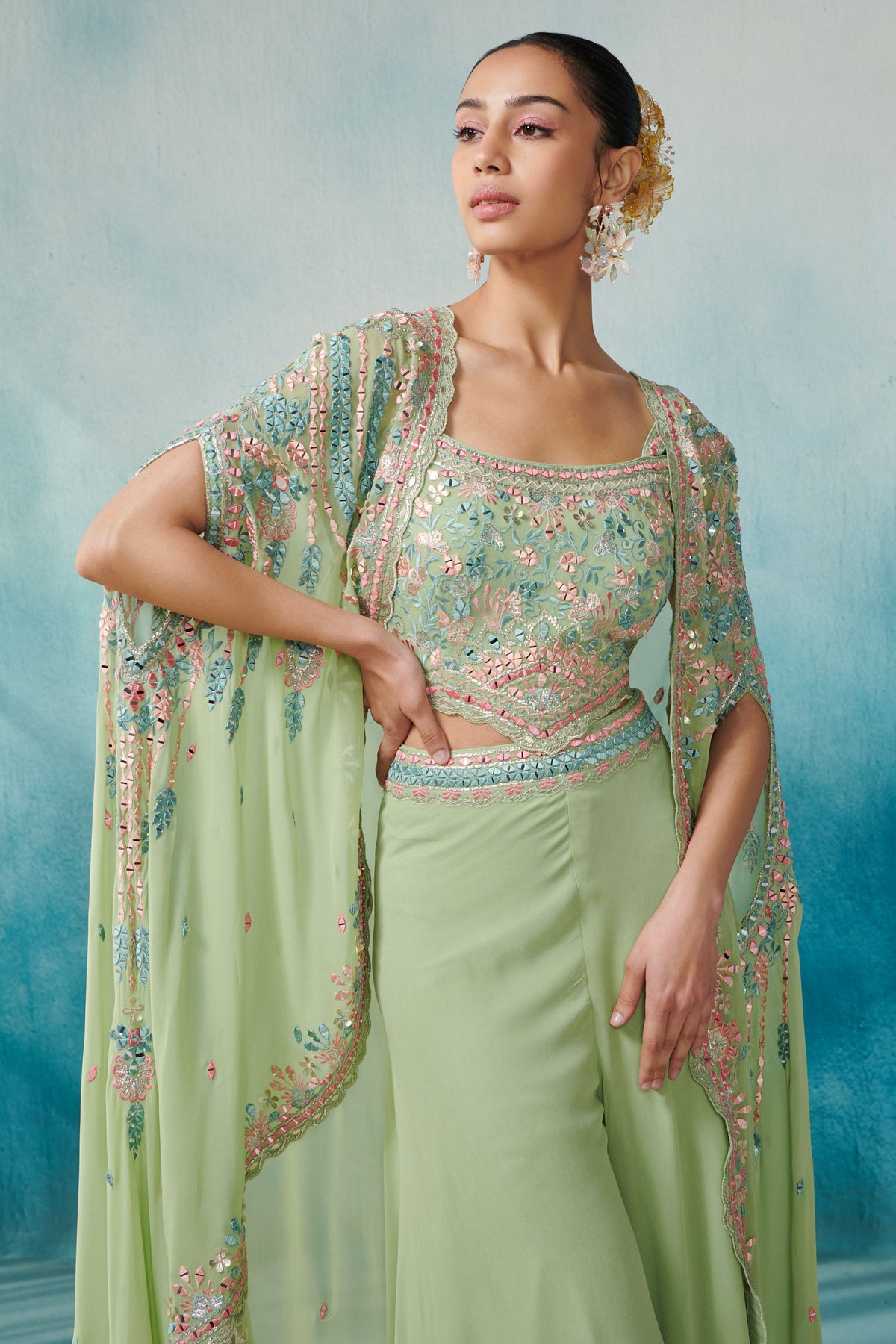 Green Sharara and Cape Set