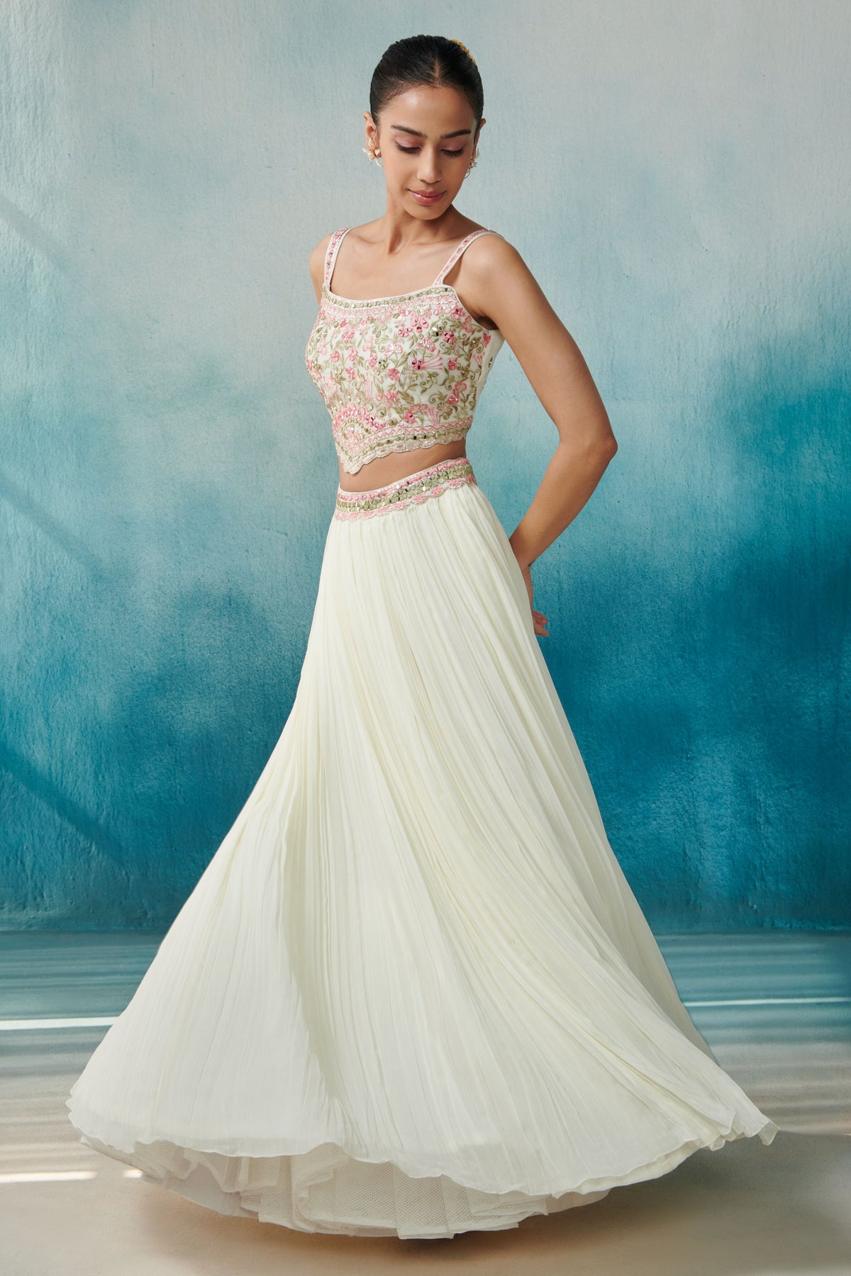 Off White Embroidered Lehenga Set