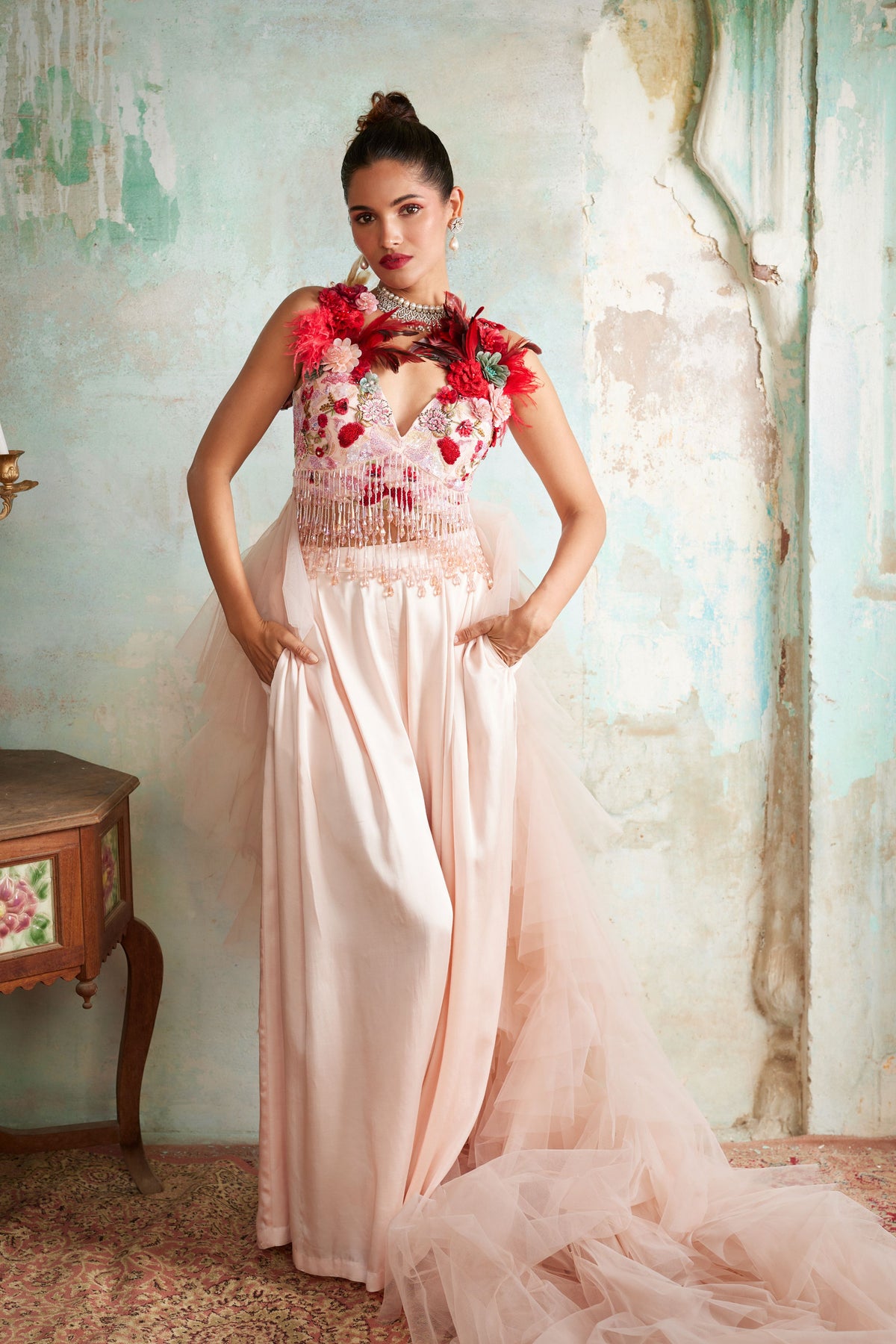 Light Salmon Pink Corsage Ruffle Top &amp; Trousers Set