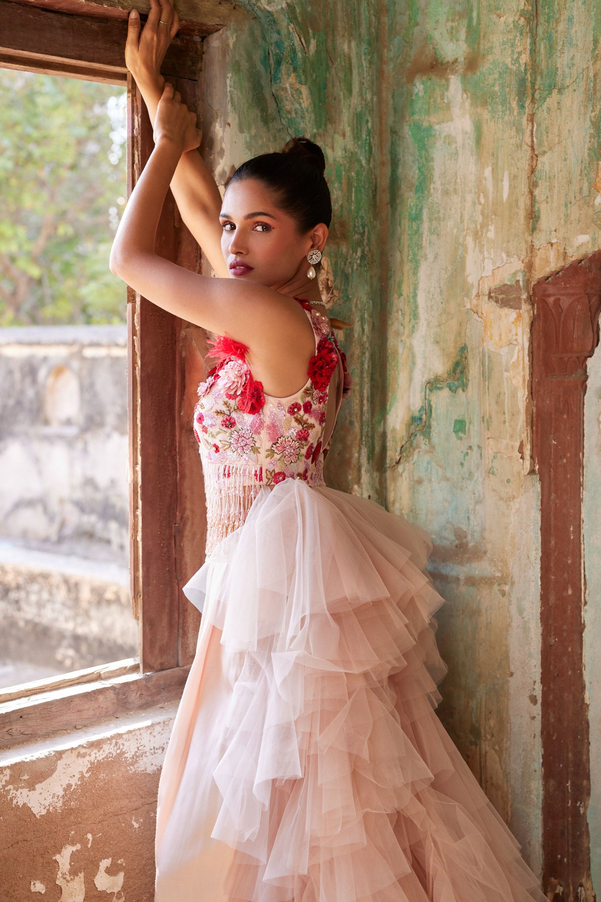 Light Salmon Pink Corsage Ruffle Top &amp; Trousers Set