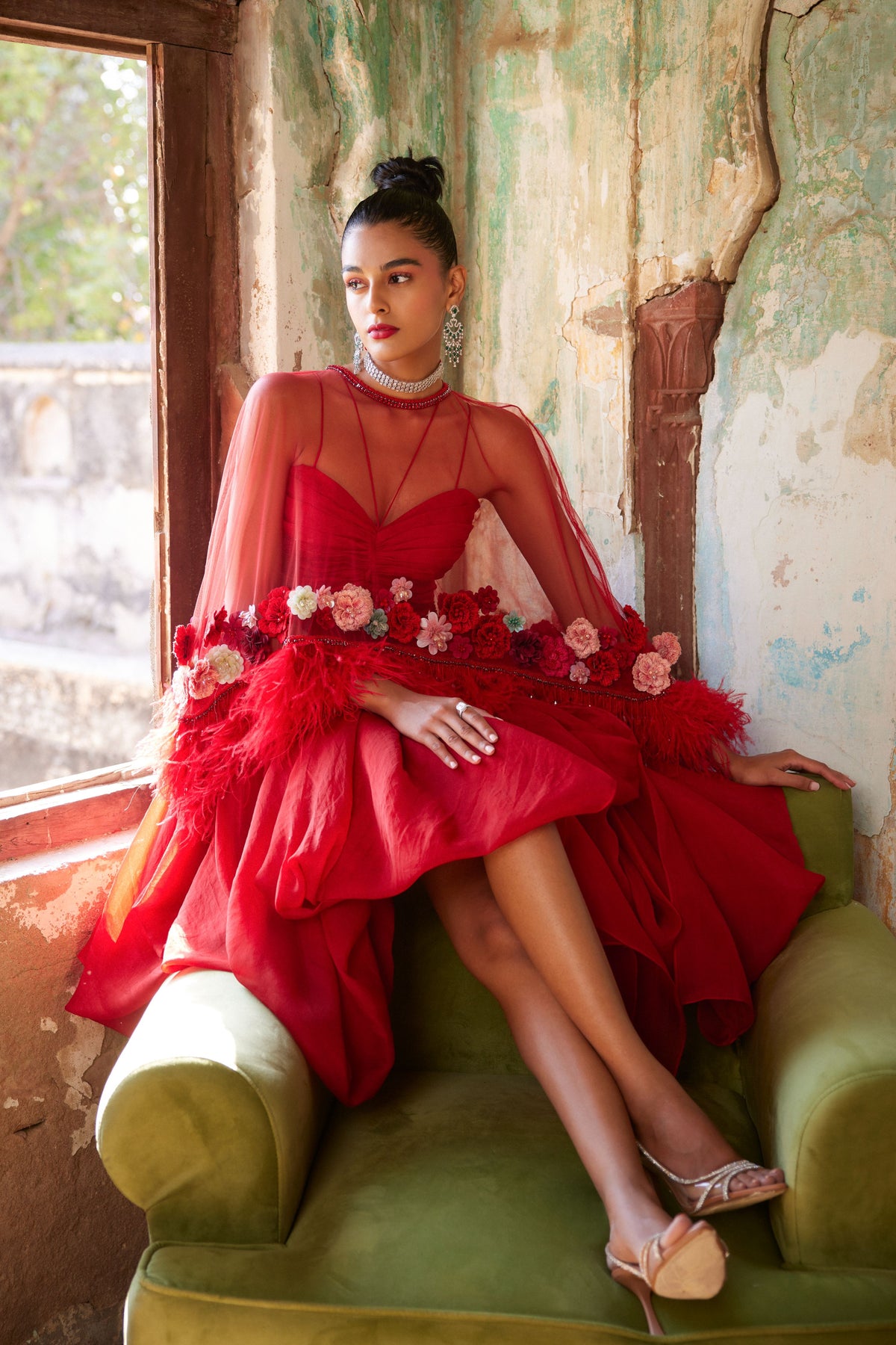 Scarlet Red Corsage Cape Set W